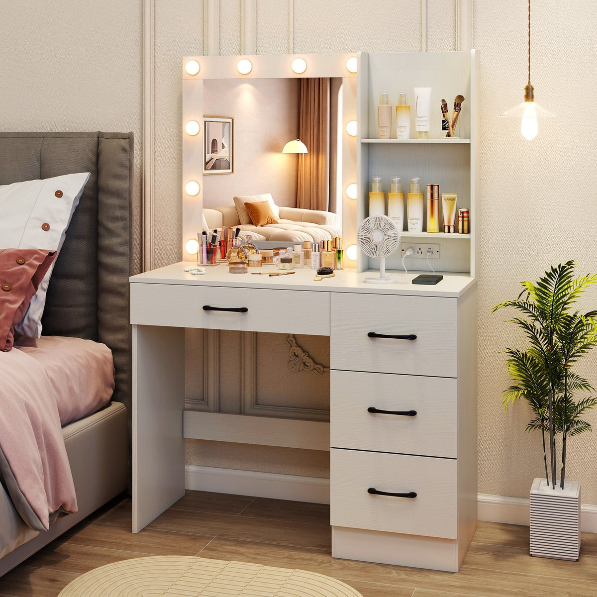 Vanity Desk with 3-Color Lights and Power Outlets-White-Makeup Vanities-DECOROLALA