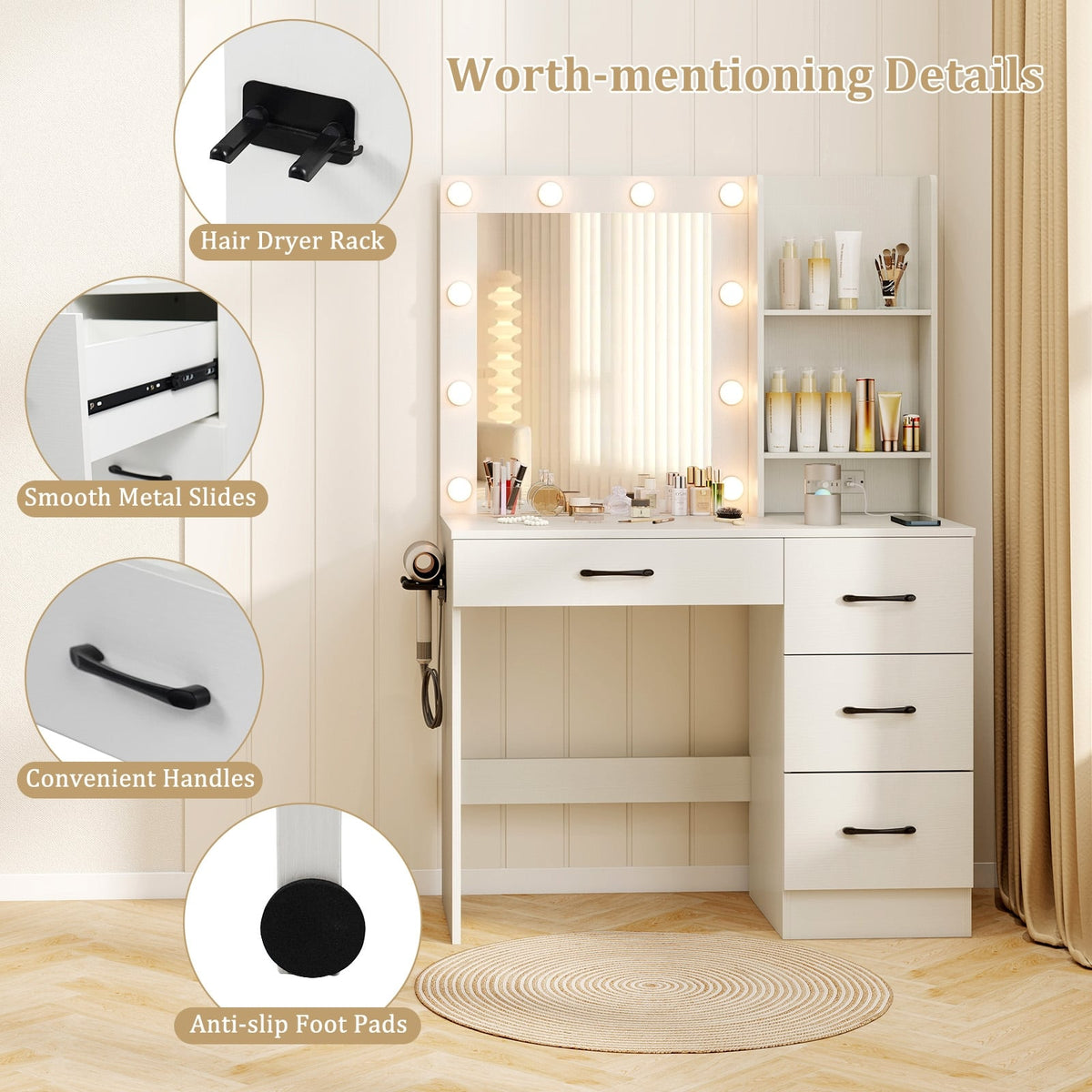 Vanity Desk with 3-Color Lights and Power Outlets-White-Makeup Vanities-DECOROLALA