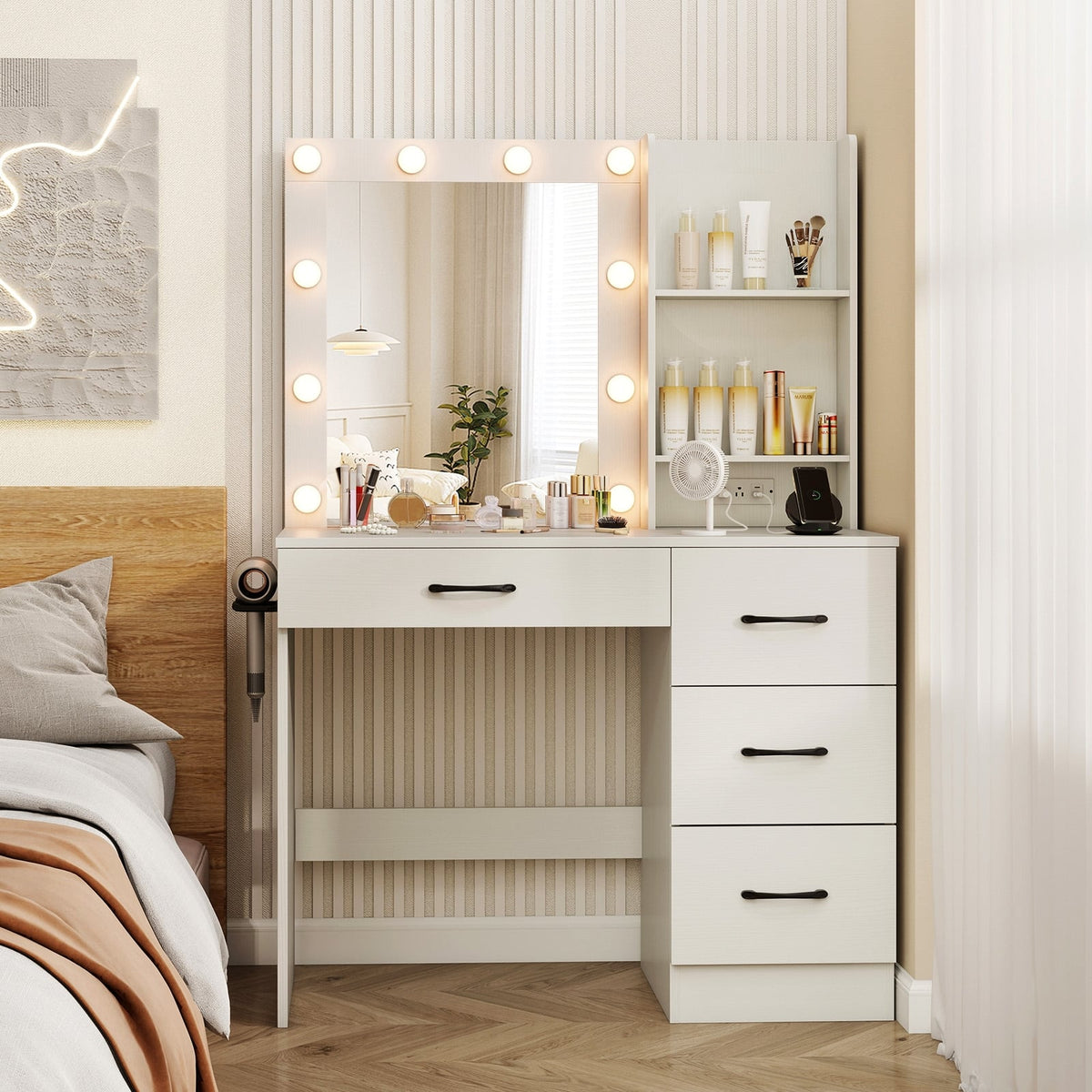Vanity Desk with 3-Color Lights and Power Outlets-White-Makeup Vanities-DECOROLALA