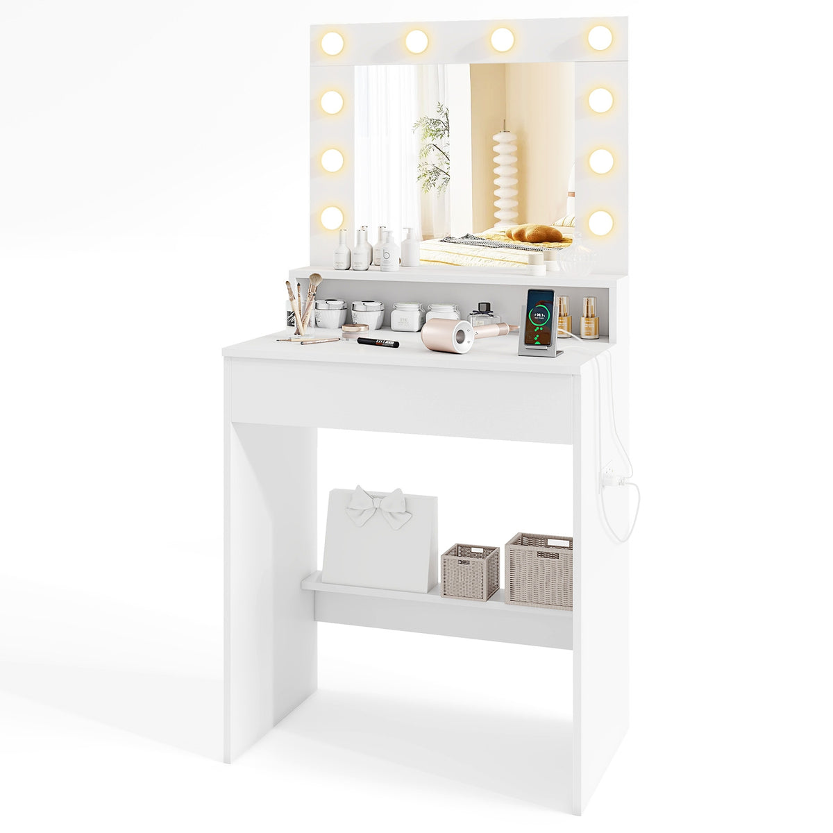 Vanity Desk with Adjustable Brightness and 3 Light Modes for Bedroom-White-Makeup Vanities-DECOROLALA