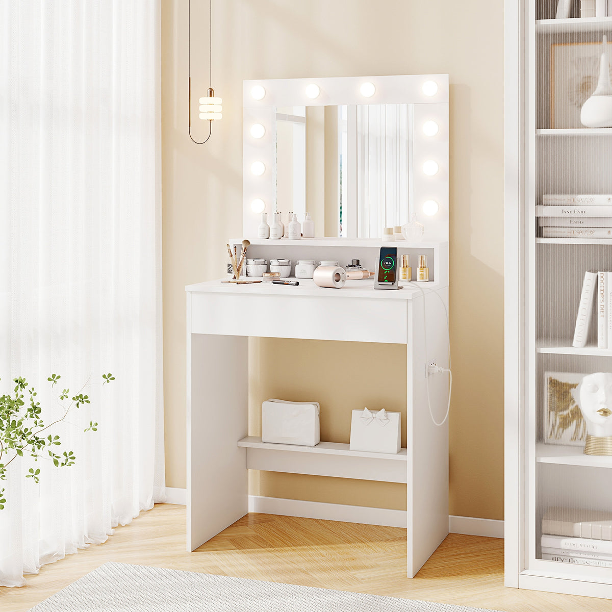 Vanity Desk with Adjustable Brightness and 3 Light Modes for Bedroom-White-Makeup Vanities-DECOROLALA