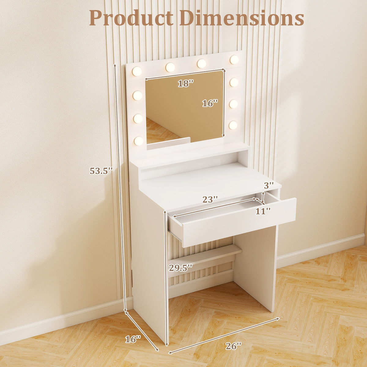 Vanity Desk with Adjustable Brightness and 3 Light Modes for Bedroom-White-Makeup Vanities-DECOROLALA