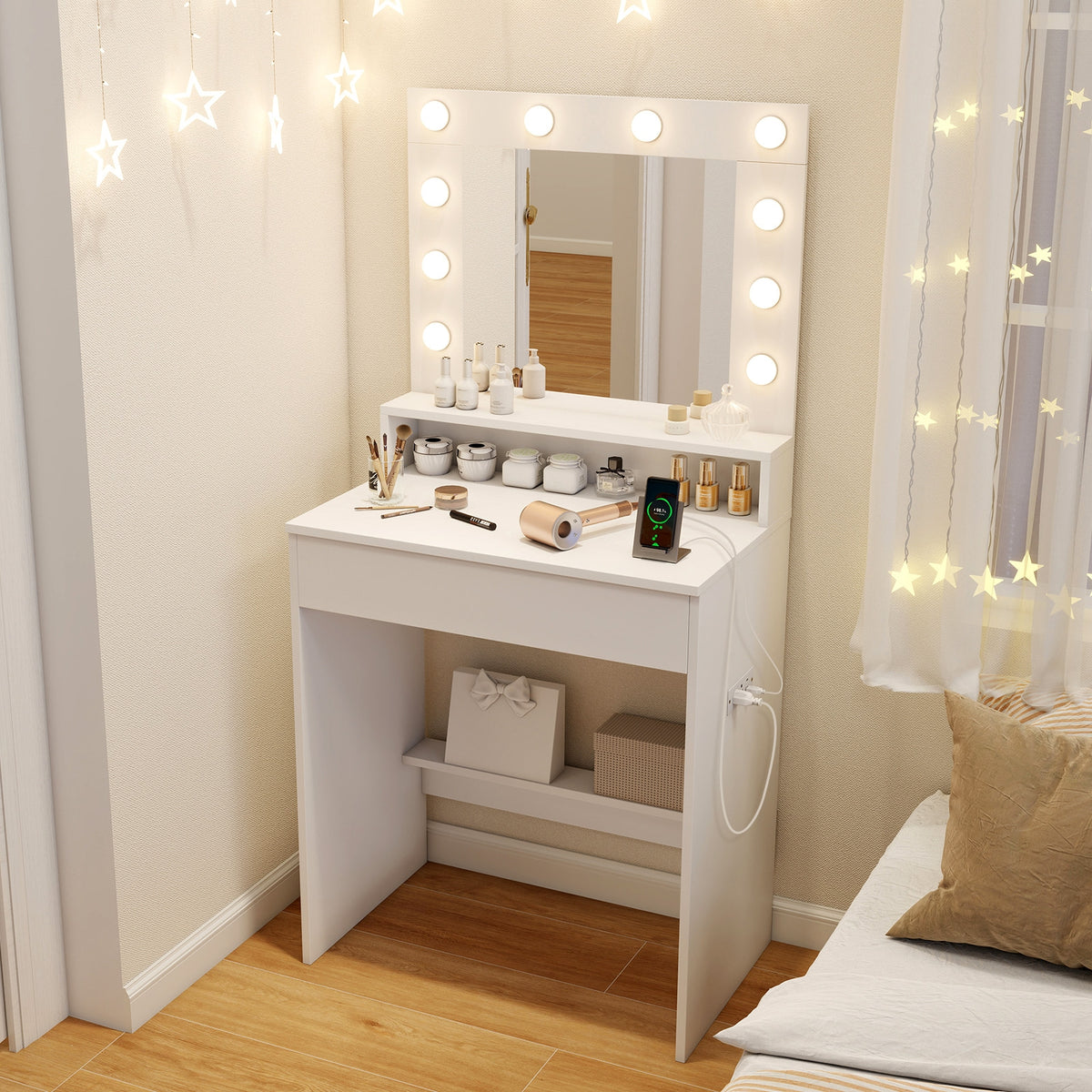 Vanity Desk with Adjustable Brightness and 3 Light Modes for Bedroom-White-Makeup Vanities-DECOROLALA