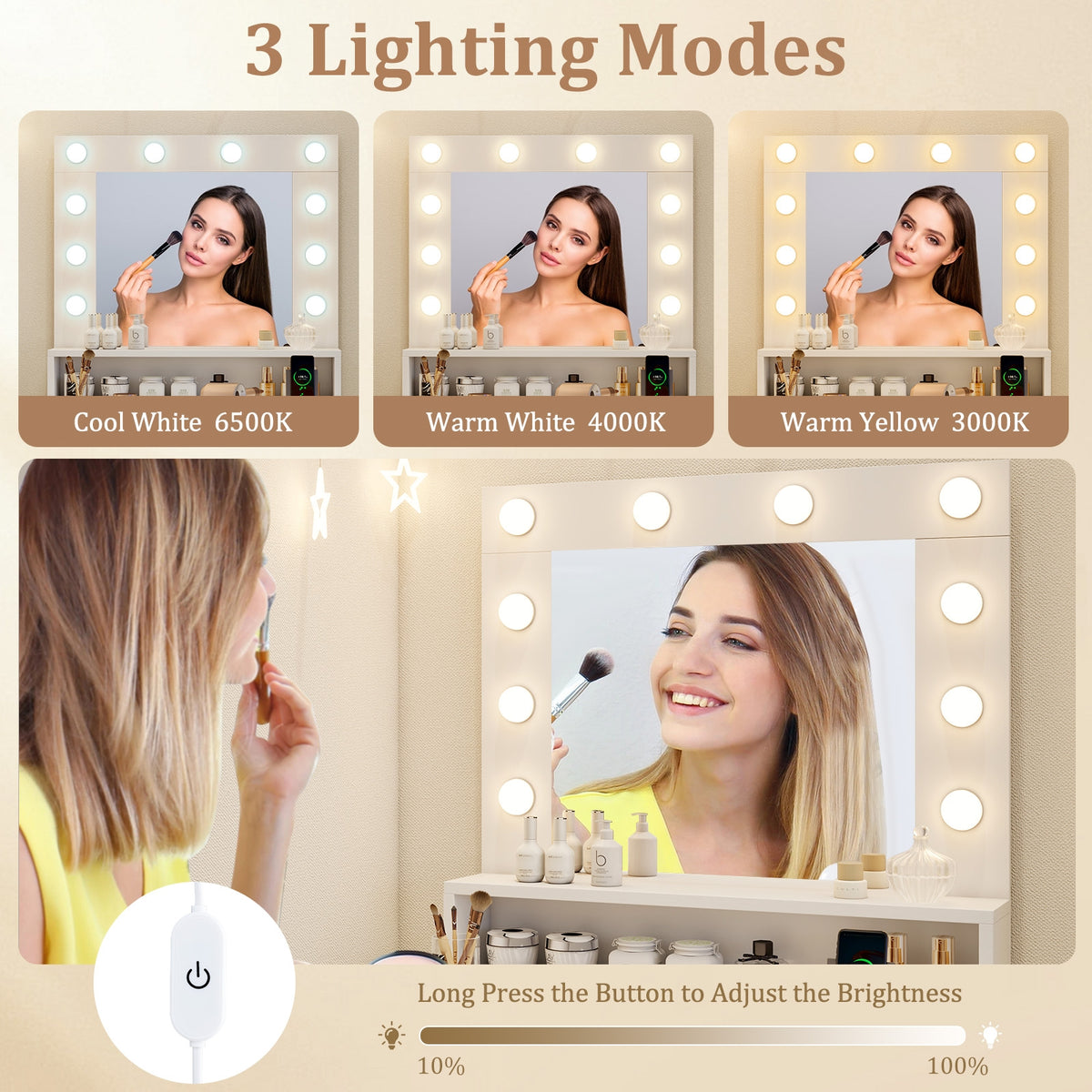 Vanity Desk with Adjustable Brightness and 3 Light Modes for Bedroom-White-Makeup Vanities-DECOROLALA