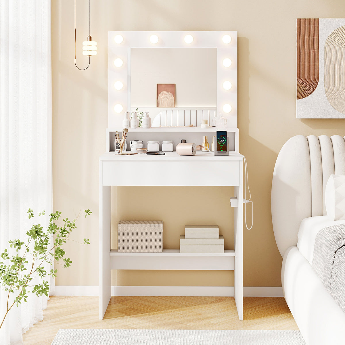 Vanity Desk with Adjustable Brightness and 3 Light Modes for Bedroom-White-Makeup Vanities-DECOROLALA