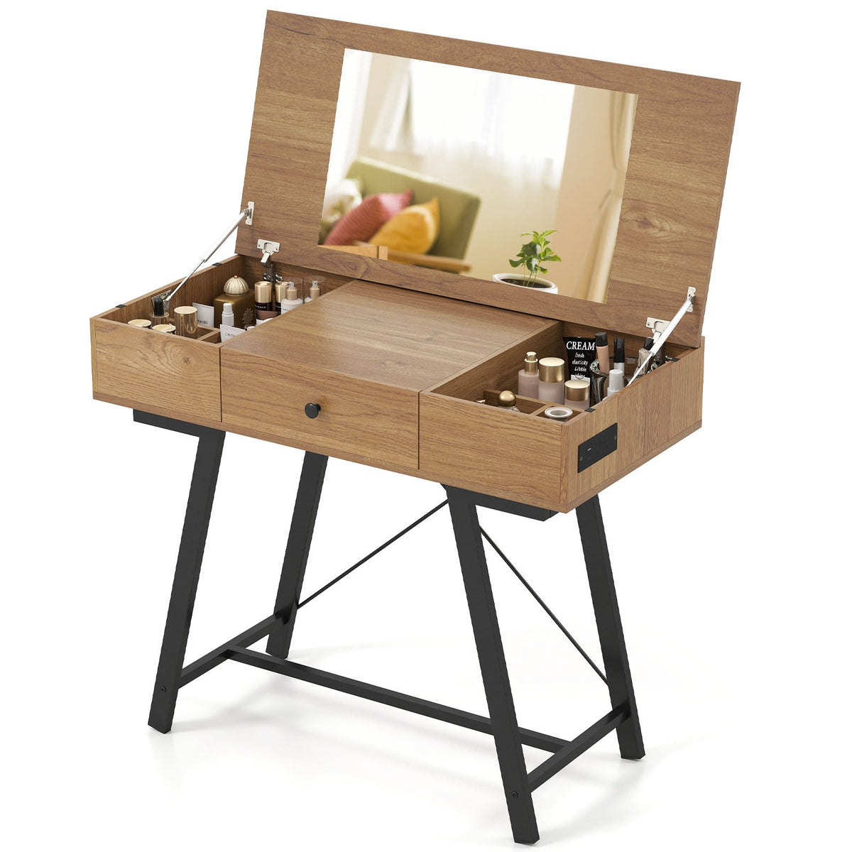 Vanity Desk with Flip Top Mirror Makeup Dressing Table-Rustic Brown-Makeup Vanities-DECOROLALA