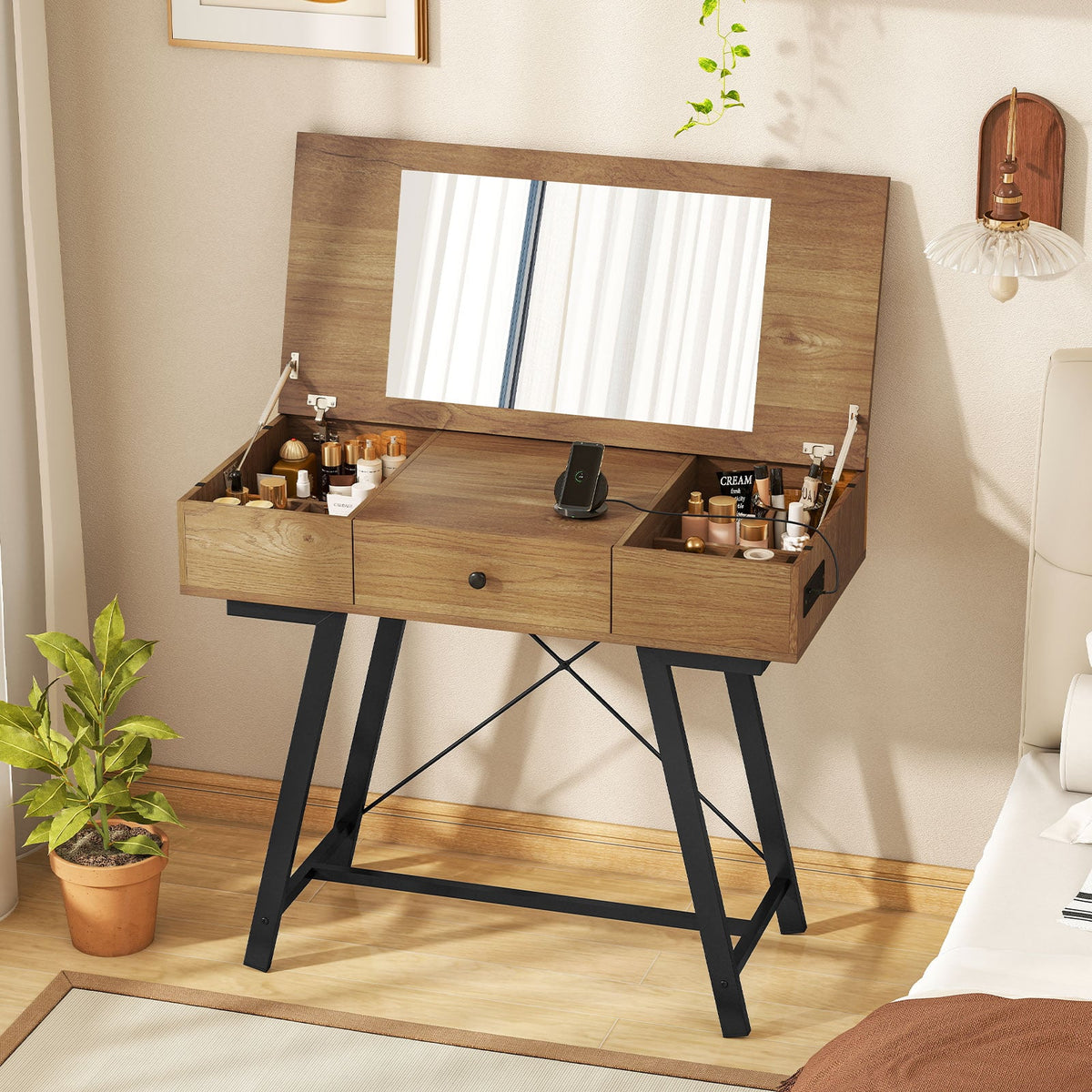 Vanity Desk with Flip Top Mirror Makeup Dressing Table-Rustic Brown-Makeup Vanities-DECOROLALA