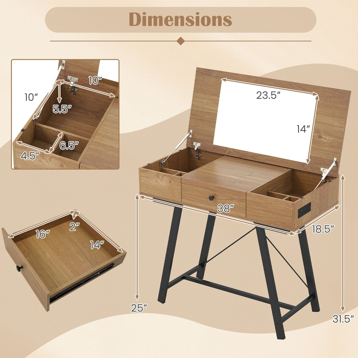 Vanity Desk with Flip Top Mirror Makeup Dressing Table-Rustic Brown-Makeup Vanities-DECOROLALA