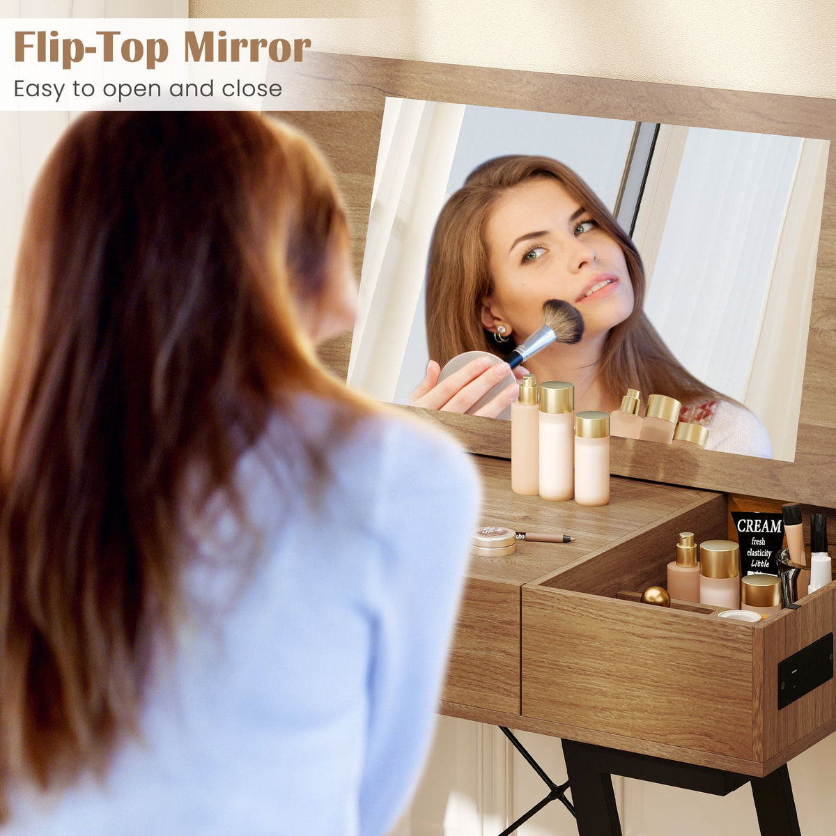 Vanity Desk with Flip Top Mirror Makeup Dressing Table-Rustic Brown-Makeup Vanities-DECOROLALA