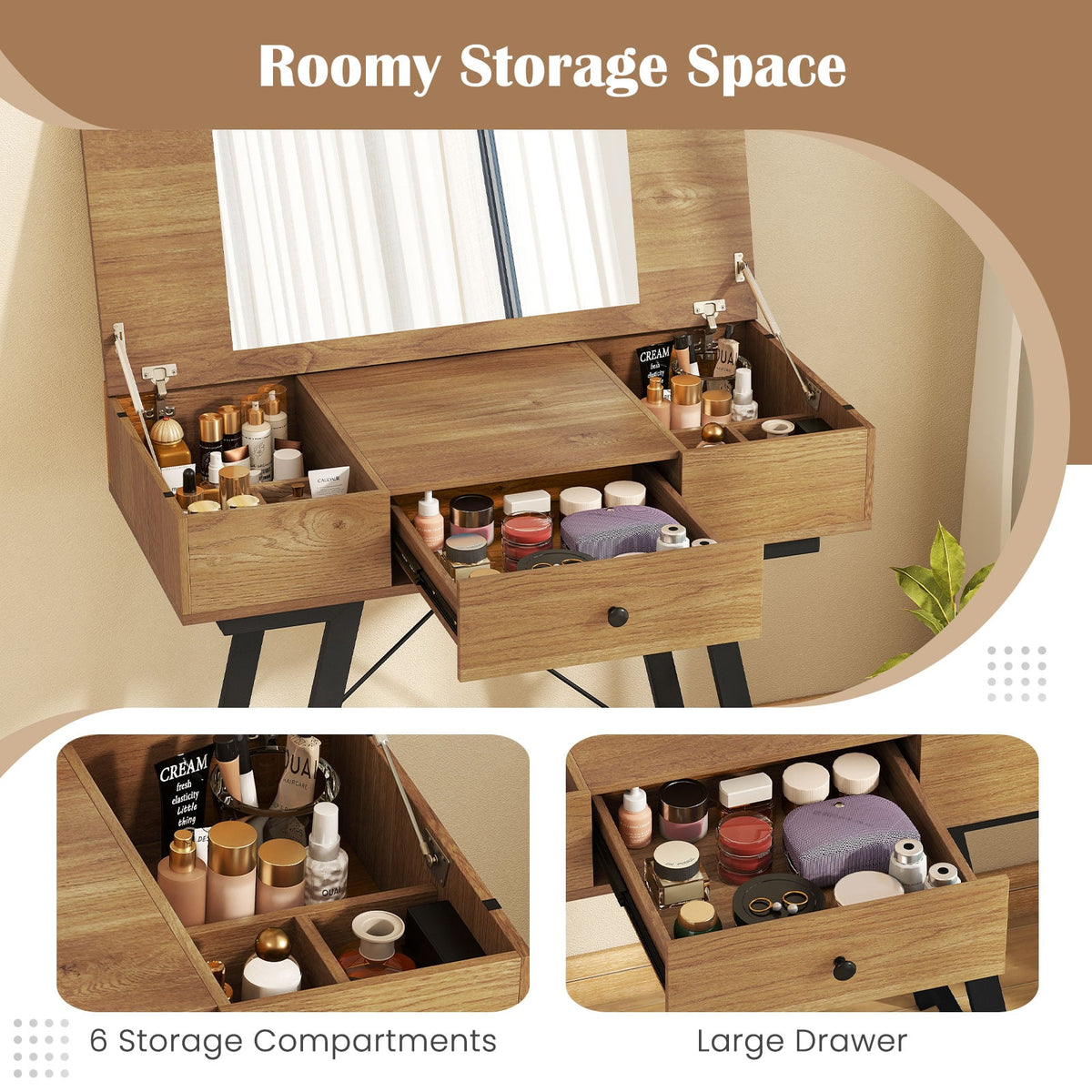 Vanity Desk with Flip Top Mirror Makeup Dressing Table-Rustic Brown-Makeup Vanities-DECOROLALA