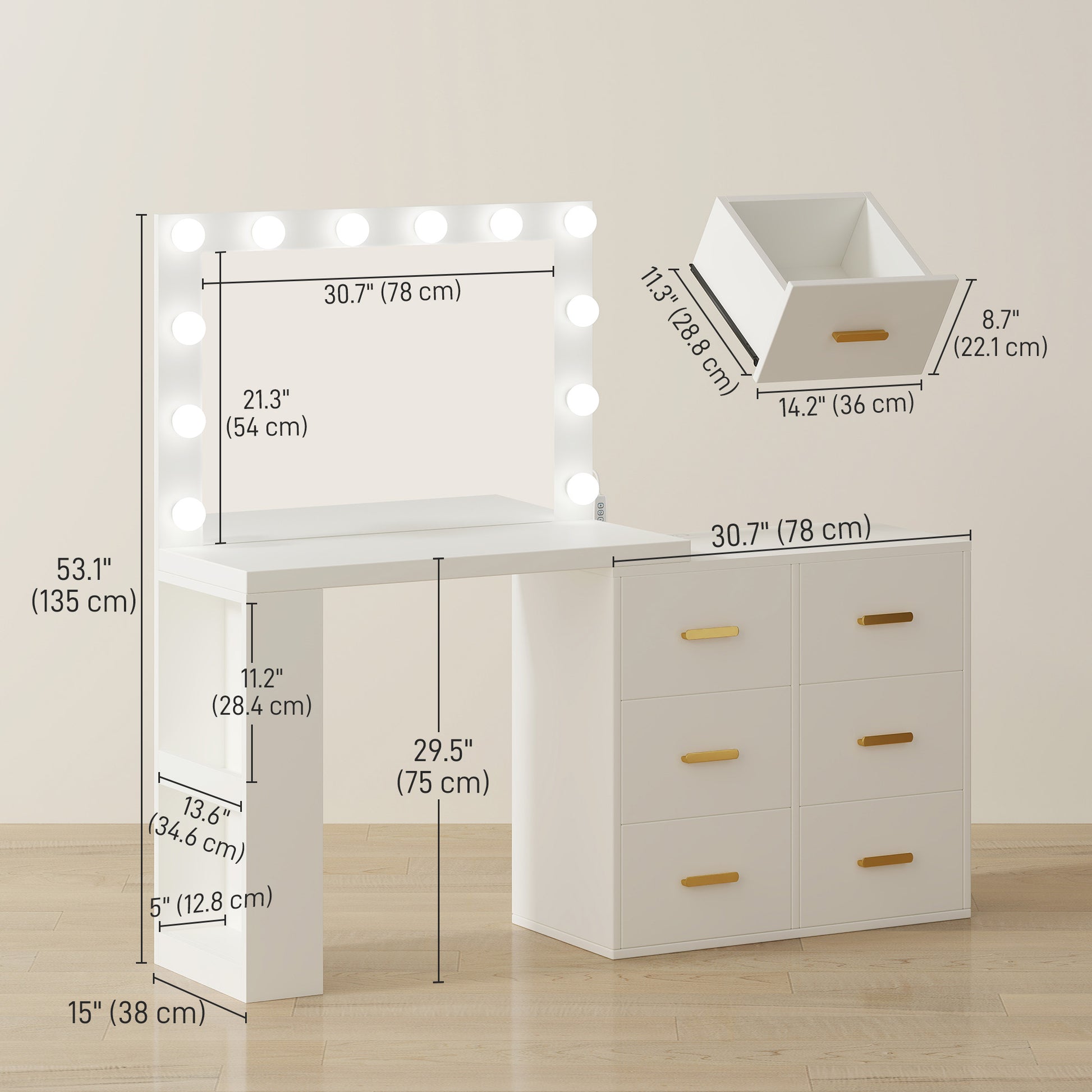 Vanity Desk with Mirror, 12 LED Lights & Power Outlet - White-DECOROLALA