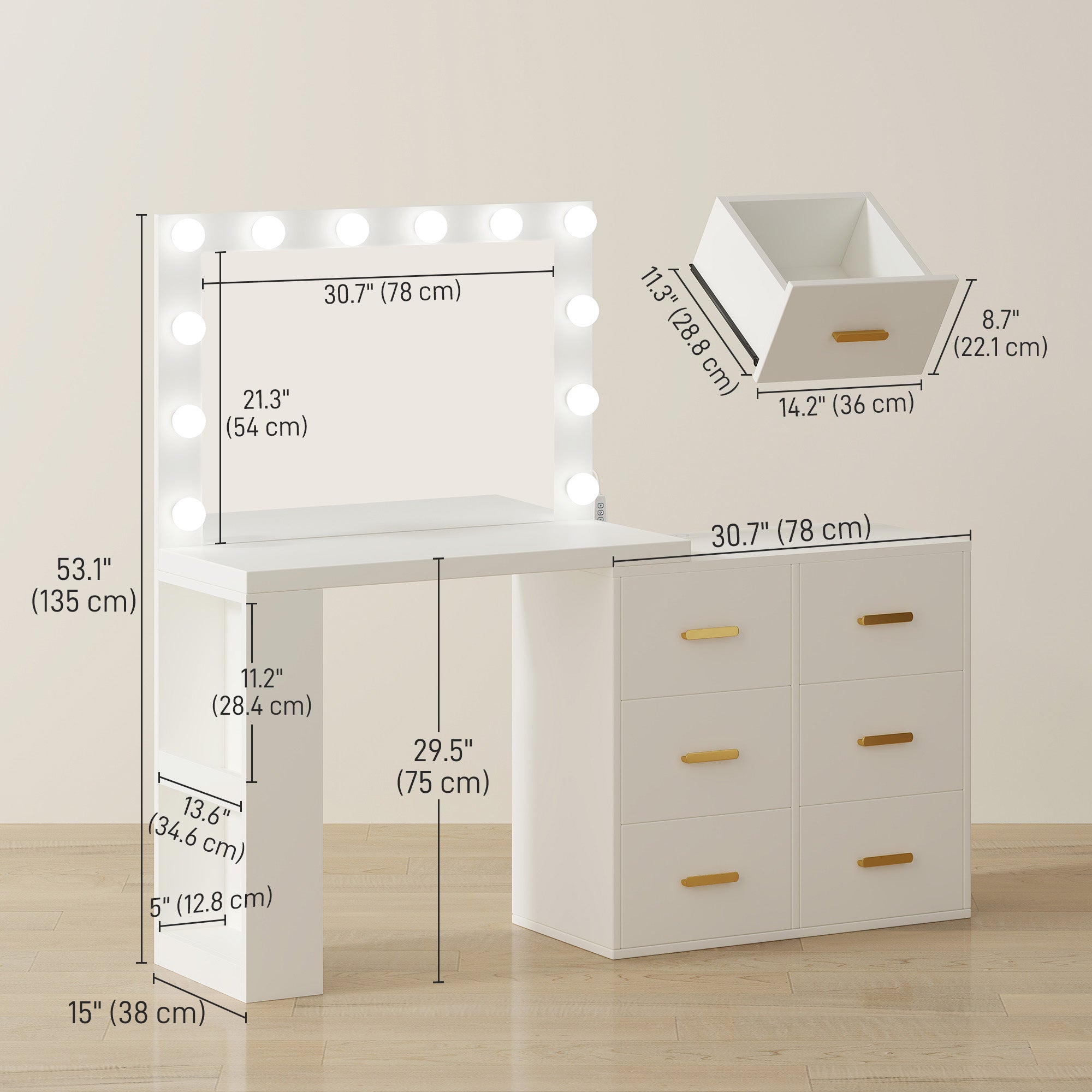 Vanity Desk with Mirror, 12 LED Lights & Power Outlet - White-DECOROLALA