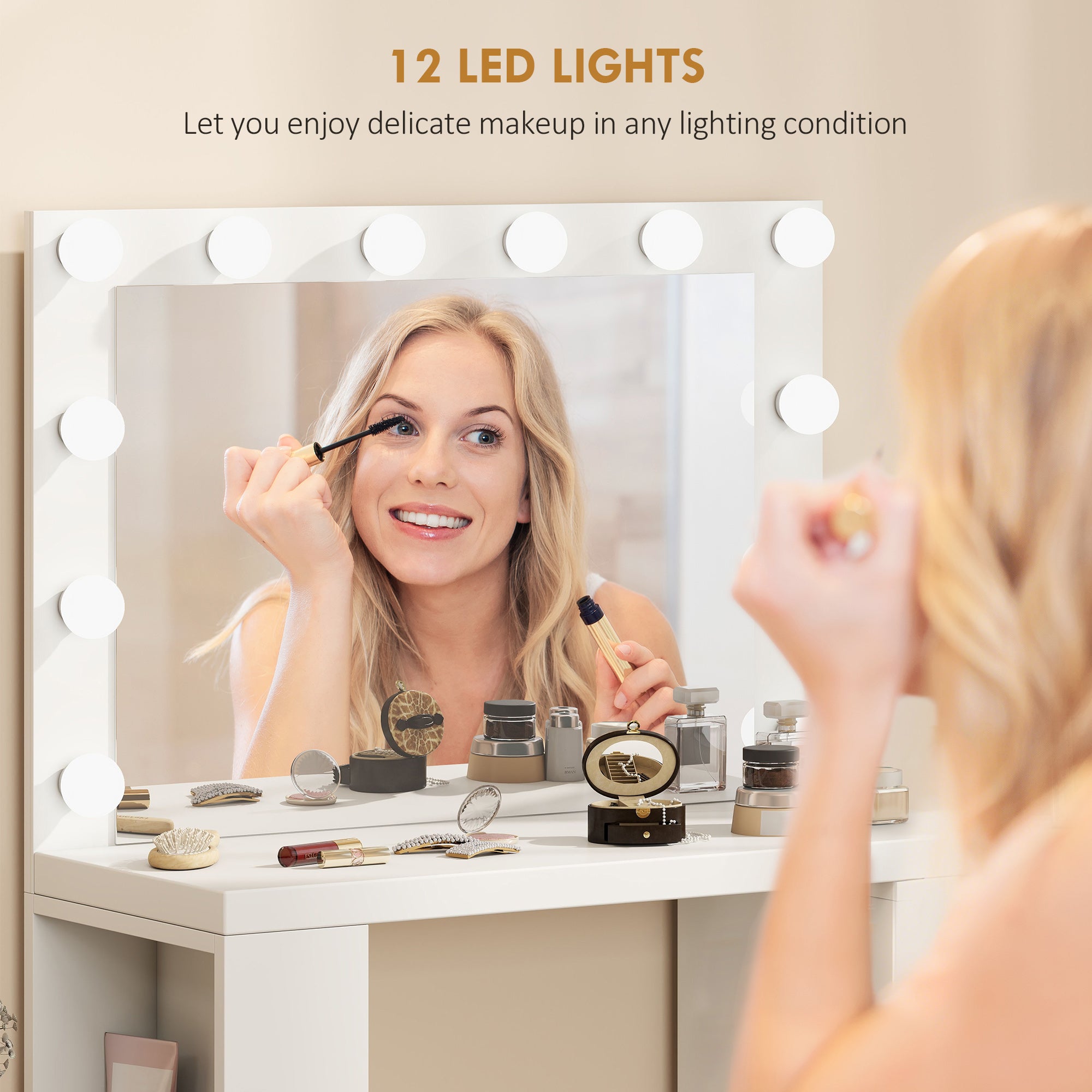 Vanity Desk with Mirror, 12 LED Lights & Power Outlet - White-DECOROLALA