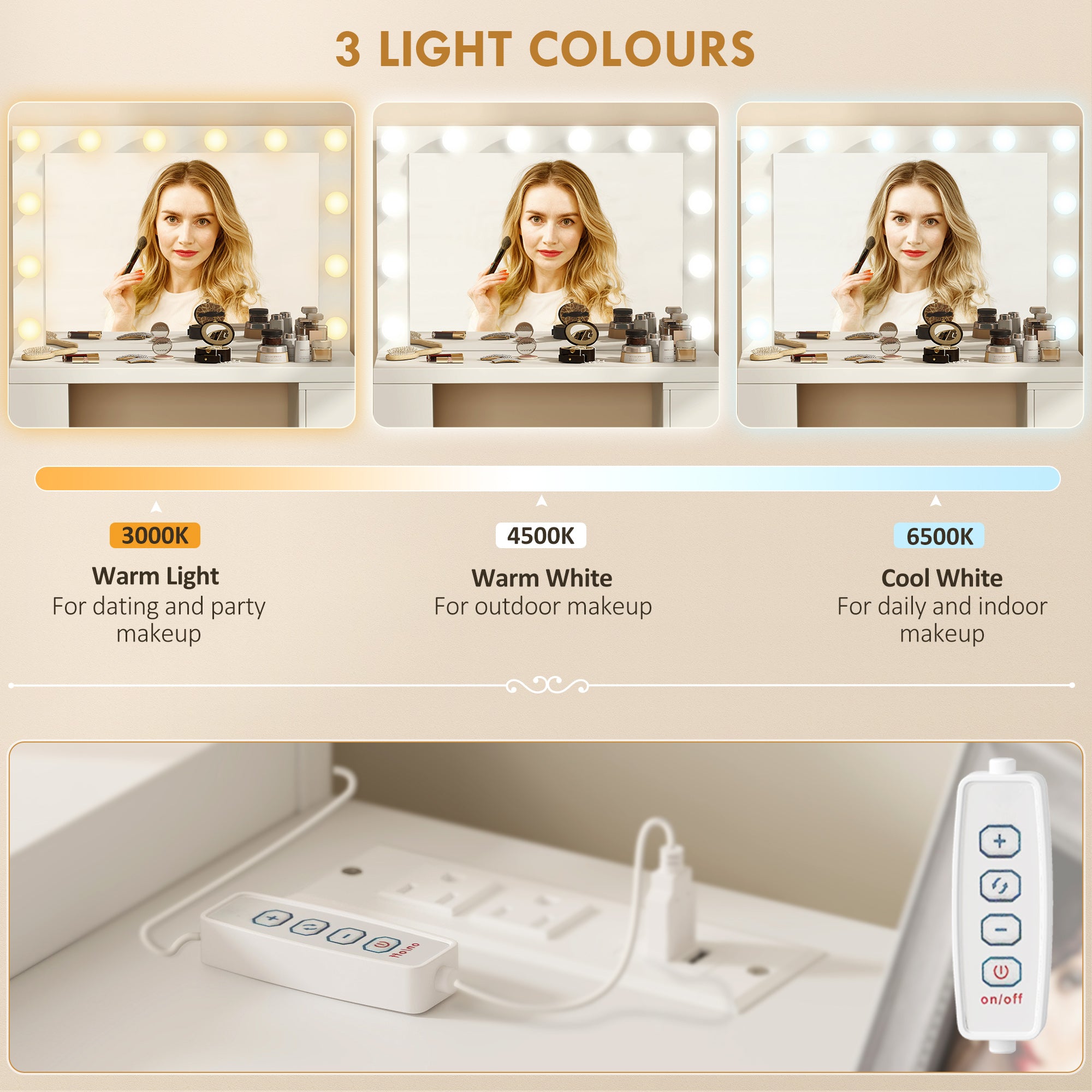 Vanity Desk with Mirror, 12 LED Lights & Power Outlet - White-DECOROLALA