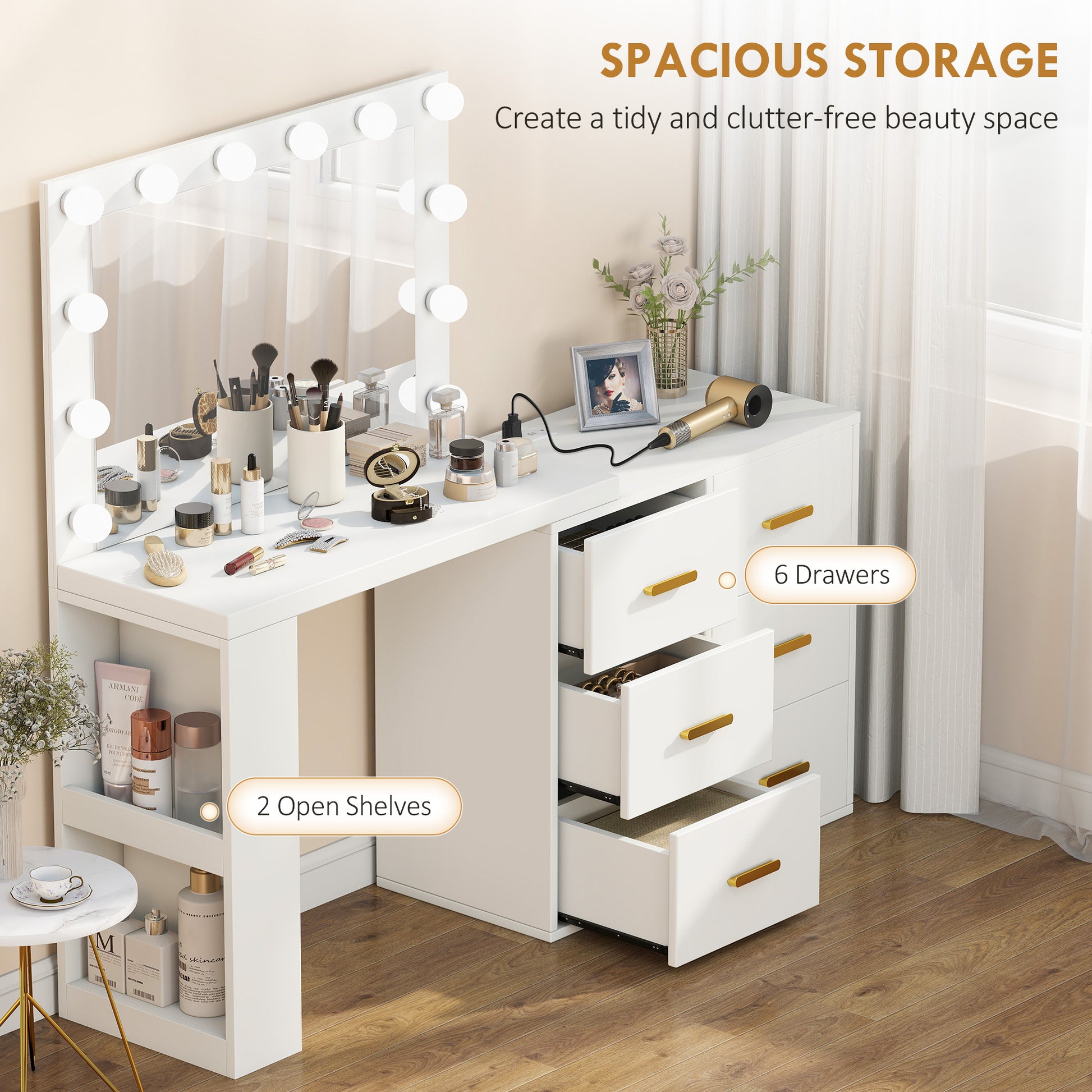 Vanity Desk with Mirror, 12 LED Lights & Power Outlet - White-DECOROLALA