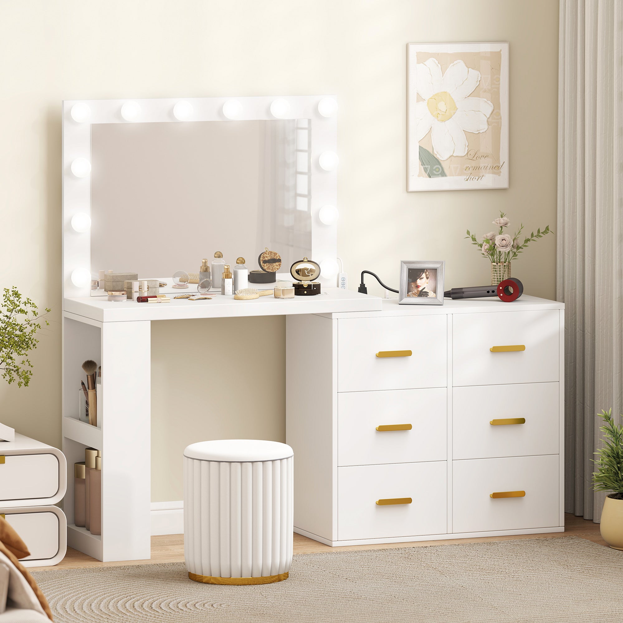 Vanity Desk with Mirror, 12 LED Lights & Power Outlet - White-DECOROLALA