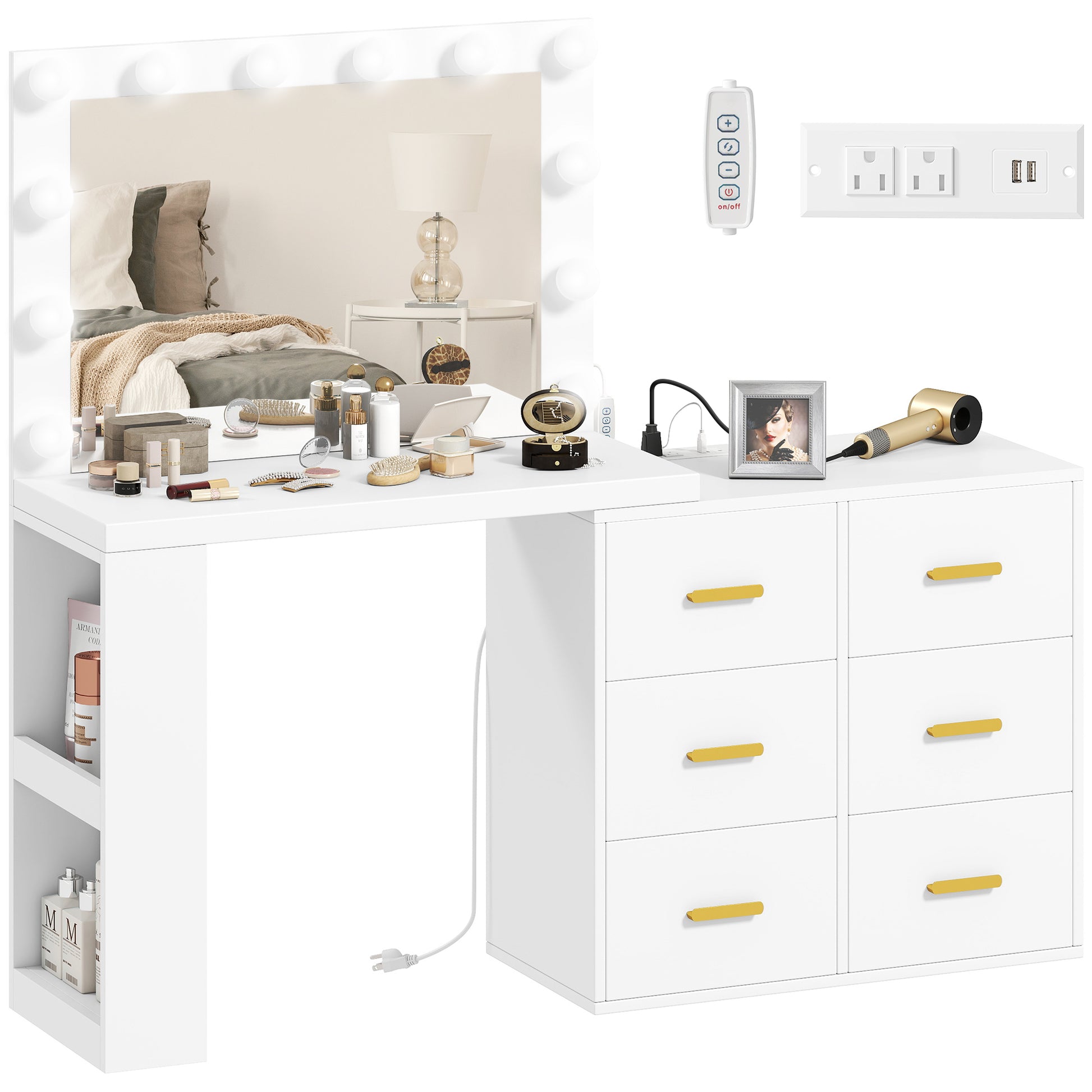 Vanity Desk with Mirror, 12 LED Lights & Power Outlet - White-DECOROLALA