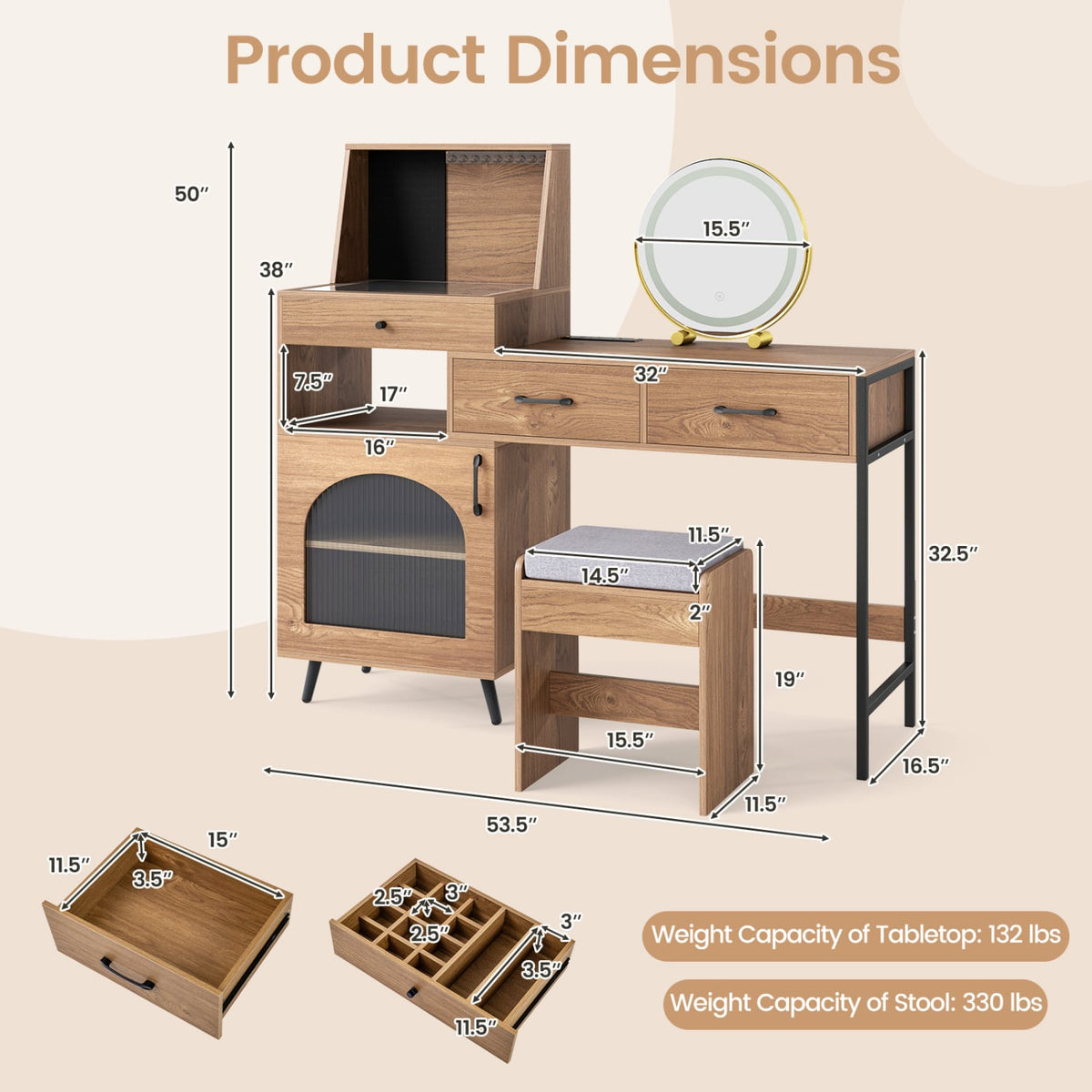 Vanity Desk with Mirror & Lights with Ring Slots & Necklace Hooks for Makeup-Natural & White-Makeup Vanities-DECOROLALA
