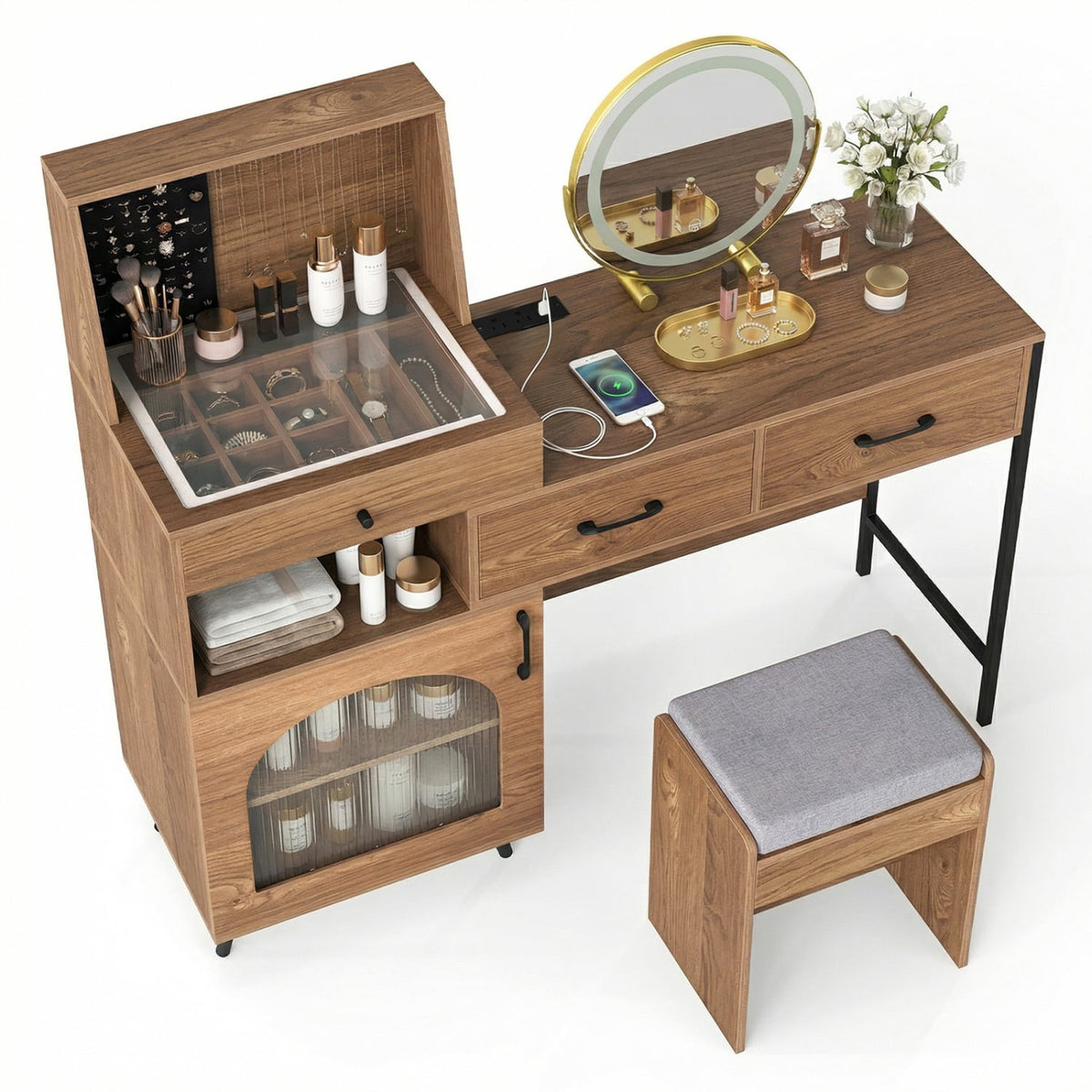 Vanity Desk with Mirror & Lights with Ring Slots & Necklace Hooks for Makeup-Natural & White-Makeup Vanities-DECOROLALA