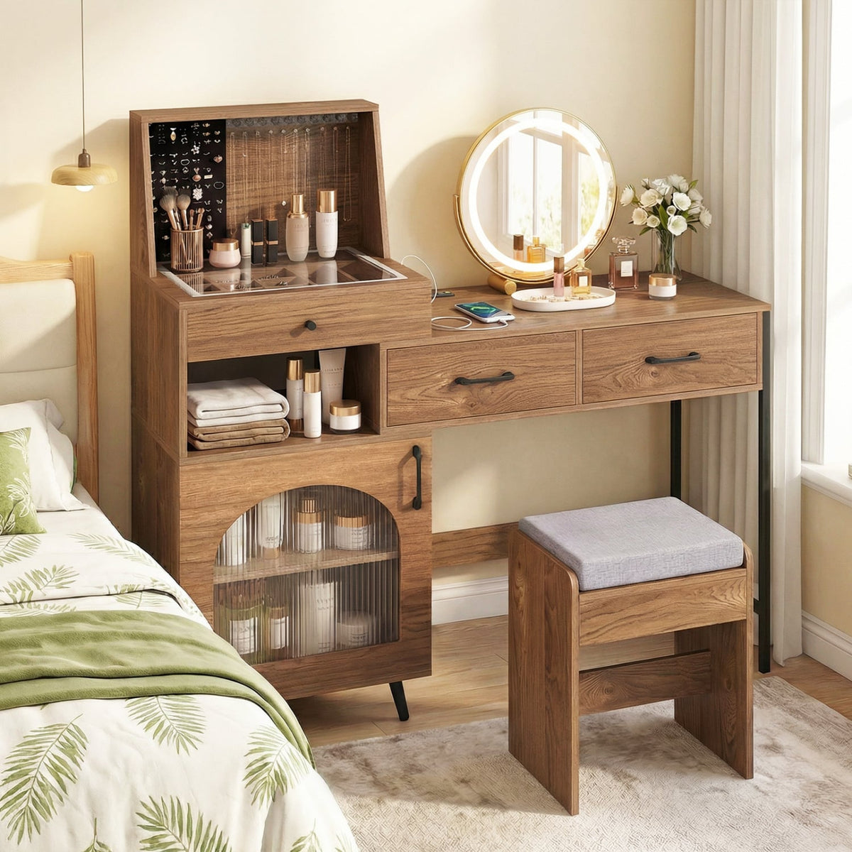 Vanity Desk with Mirror & Lights with Ring Slots & Necklace Hooks for Makeup-Natural & White-Makeup Vanities-DECOROLALA