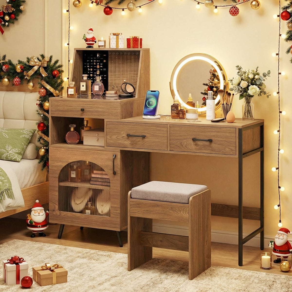 Vanity Desk with Mirror & Lights with Ring Slots & Necklace Hooks for Makeup-Natural & White-Makeup Vanities-DECOROLALA