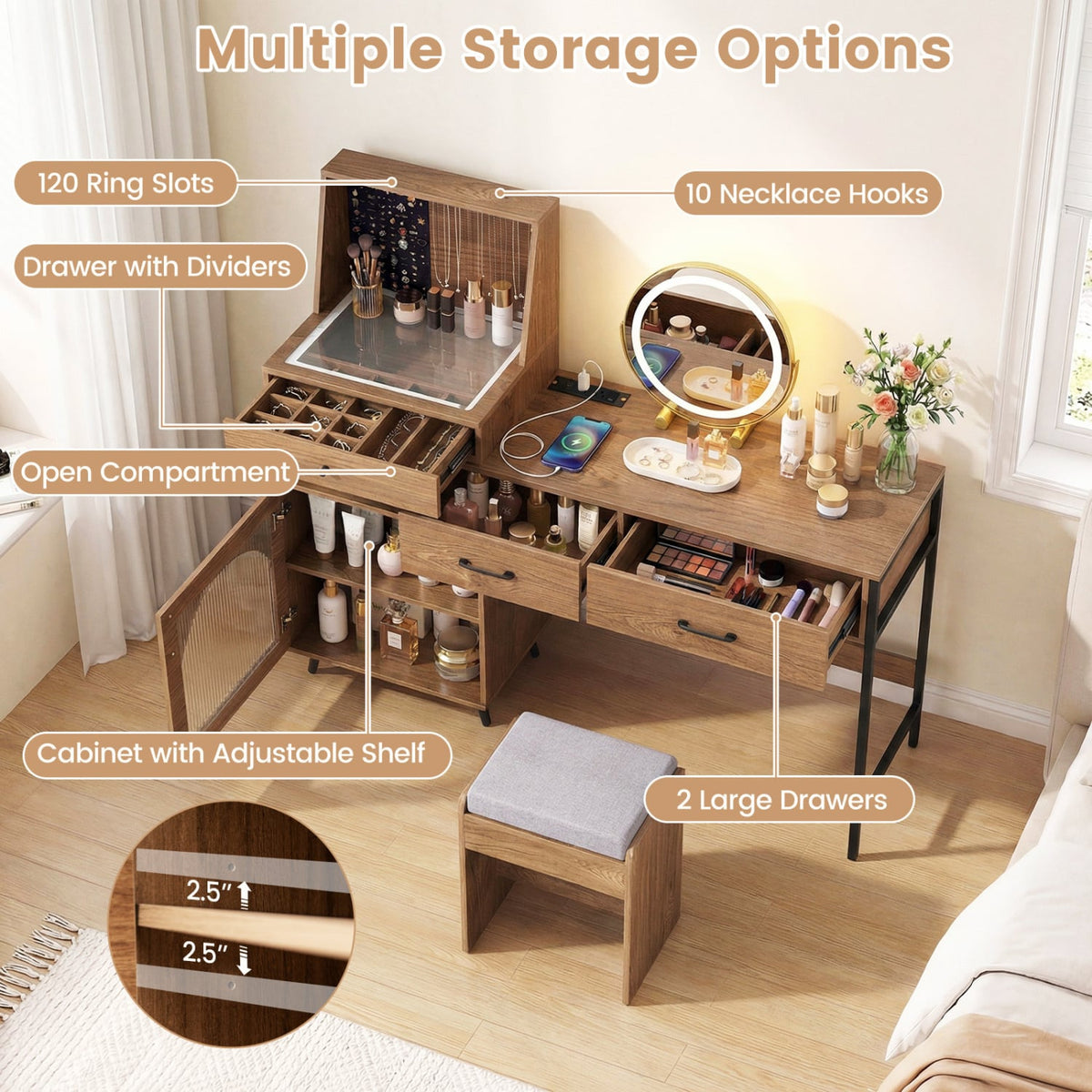 Vanity Desk with Mirror & Lights with Ring Slots & Necklace Hooks for Makeup-Natural & White-Makeup Vanities-DECOROLALA