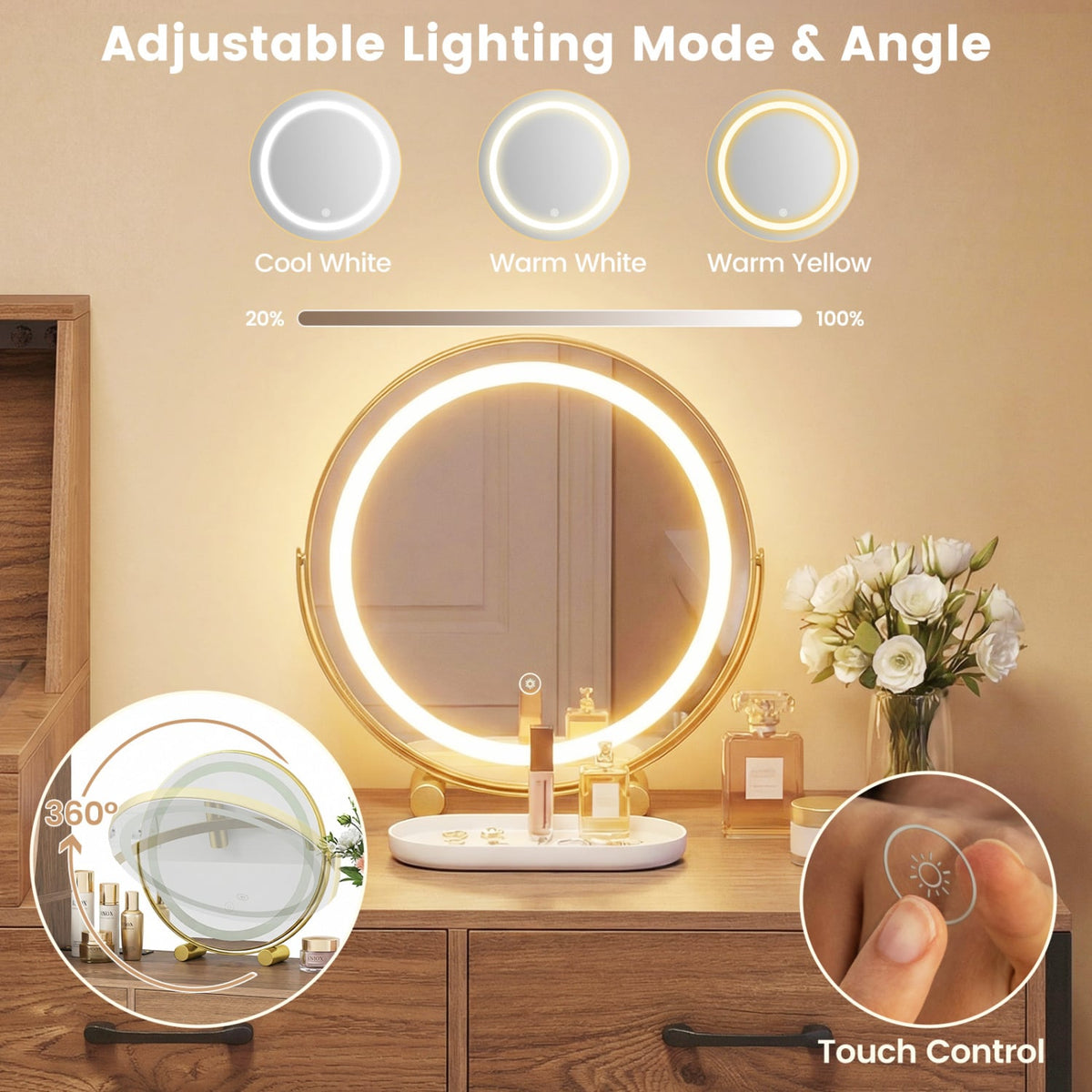 Vanity Desk with Mirror & Lights with Ring Slots & Necklace Hooks for Makeup-Natural & White-Makeup Vanities-DECOROLALA