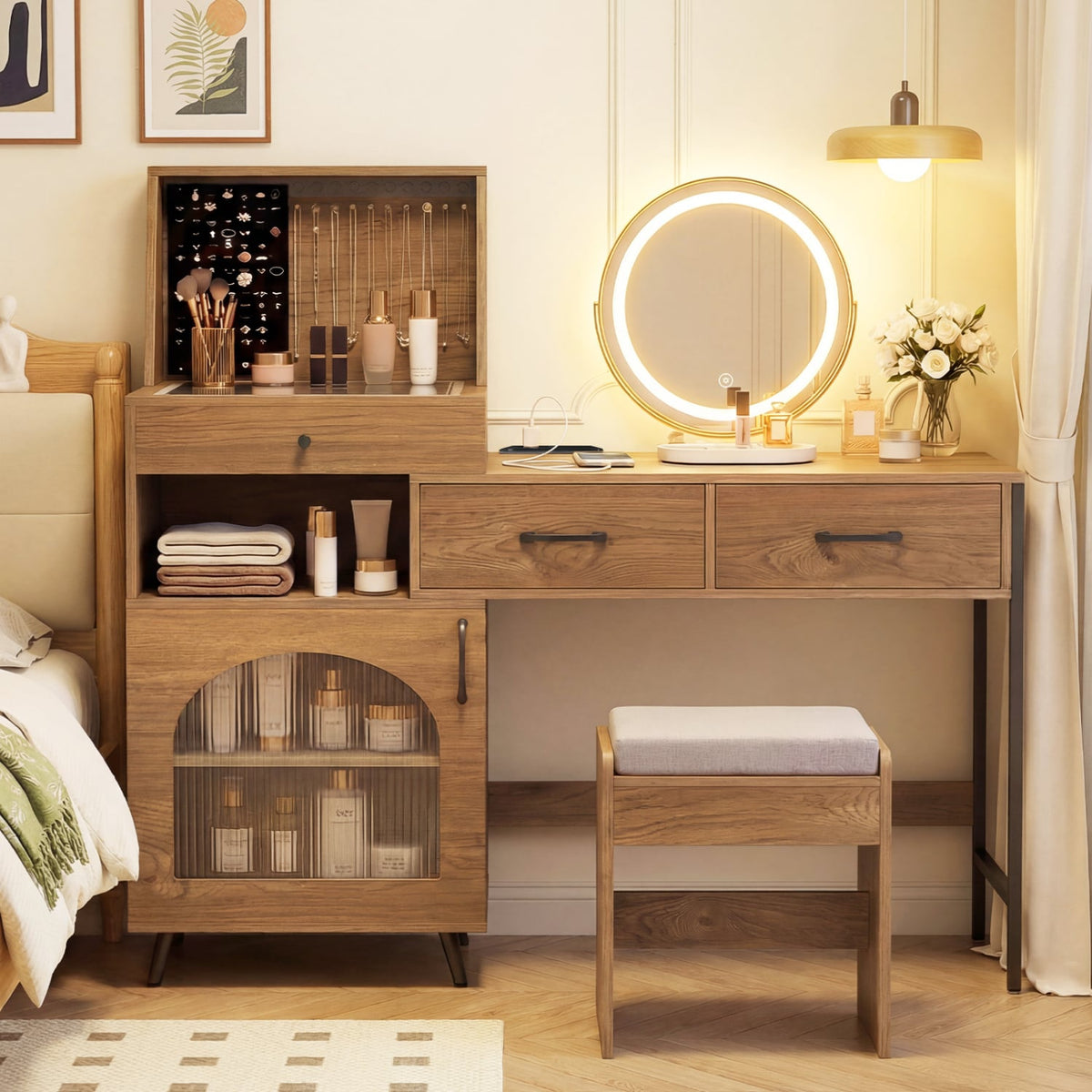 Vanity Desk with Mirror & Lights with Ring Slots & Necklace Hooks for Makeup-Natural & White-Makeup Vanities-DECOROLALA