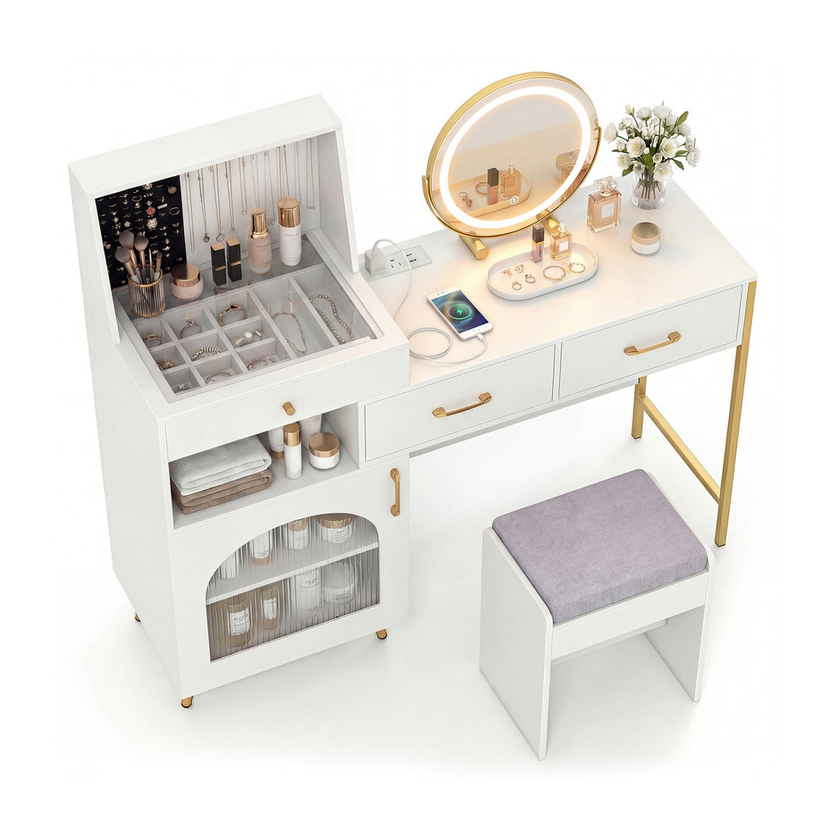 Vanity Desk with Mirror & Lights with Ring Slots & Necklace Hooks for Makeup-White-Makeup Vanities-DECOROLALA