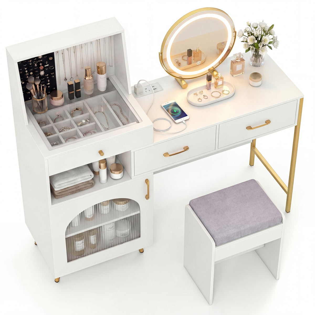 Vanity Desk with Mirror & Lights with Ring Slots & Necklace Hooks for Makeup-White-Makeup Vanities-DECOROLALA