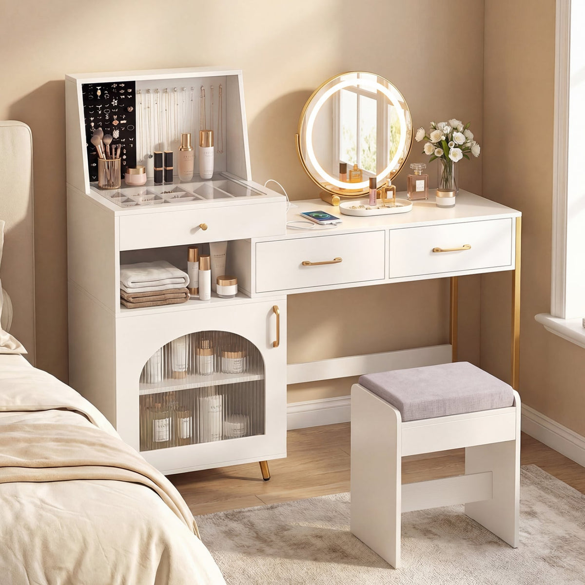 Vanity Desk with Mirror & Lights with Ring Slots & Necklace Hooks for Makeup-White-Makeup Vanities-DECOROLALA