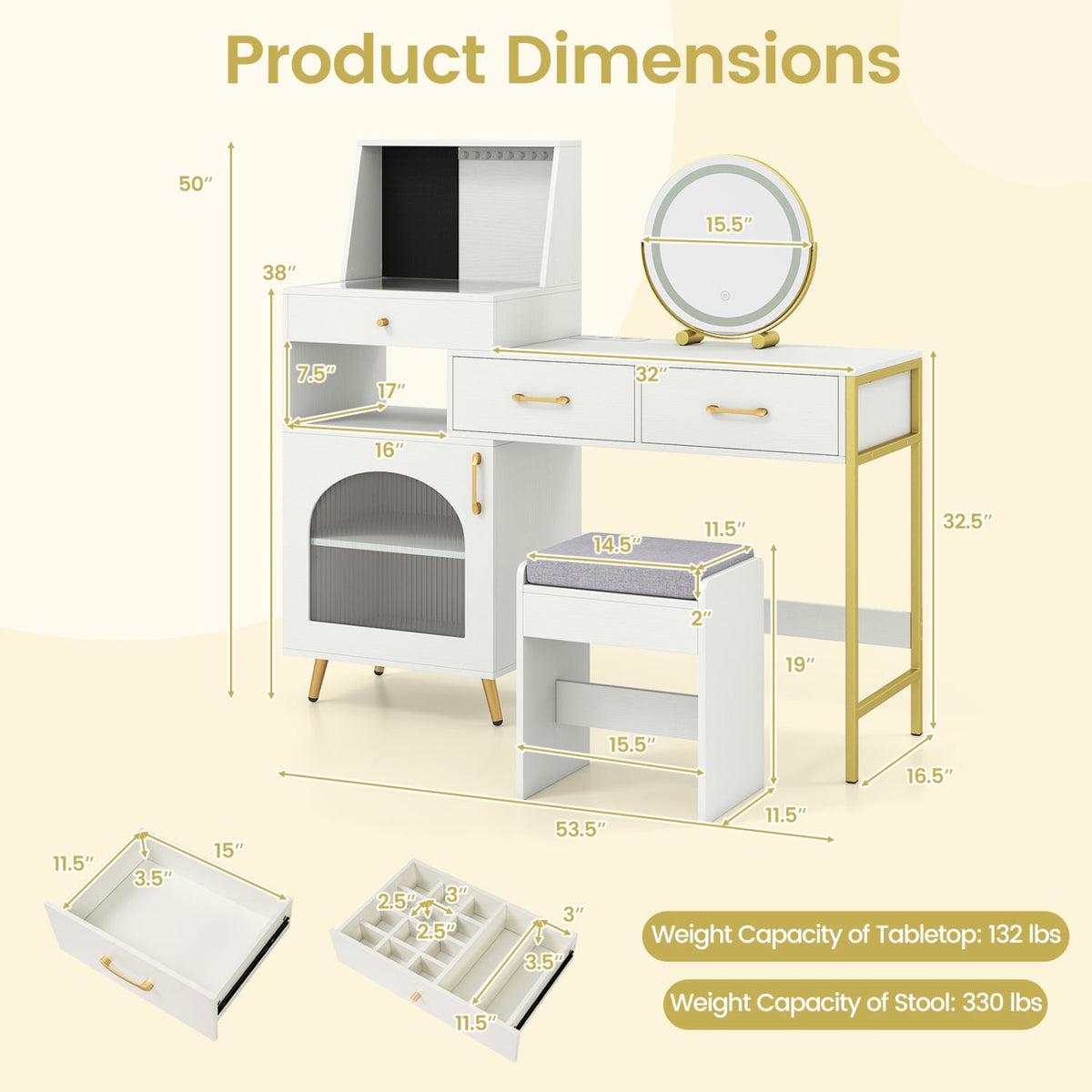 Vanity Desk with Mirror & Lights with Ring Slots & Necklace Hooks for Makeup-White-Makeup Vanities-DECOROLALA