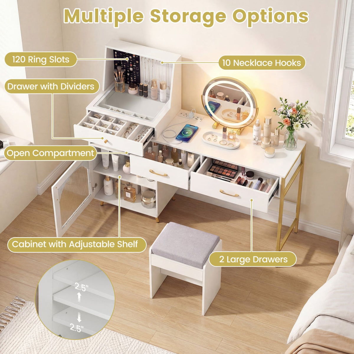 Vanity Desk with Mirror & Lights with Ring Slots & Necklace Hooks for Makeup-White-Makeup Vanities-DECOROLALA