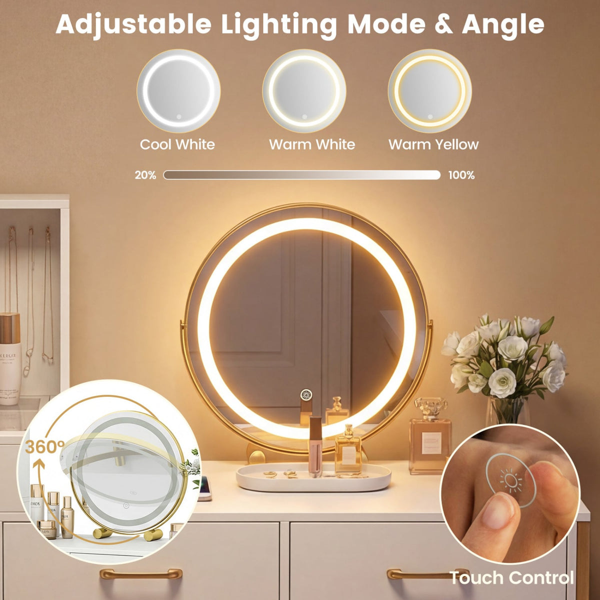Vanity Desk with Mirror & Lights with Ring Slots & Necklace Hooks for Makeup-White-Makeup Vanities-DECOROLALA