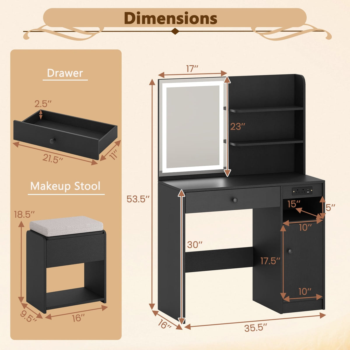 Vanity Desk with Mirror and Lights-Black-Makeup Vanities-DECOROLALA