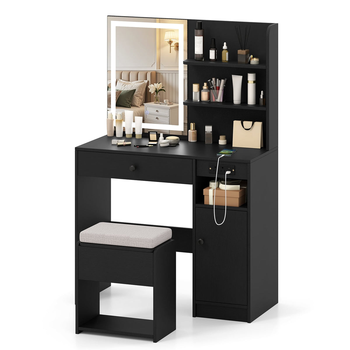 Vanity Desk with Mirror and Lights-Black-Makeup Vanities-DECOROLALA