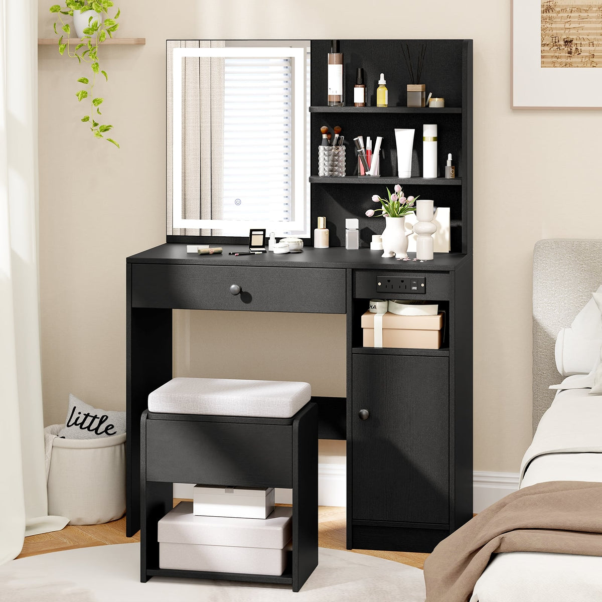 Vanity Desk with Mirror and Lights-Black-Makeup Vanities-DECOROLALA
