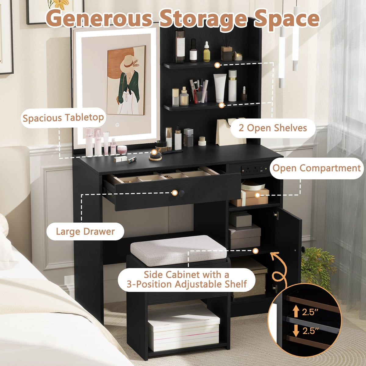 Vanity Desk with Mirror and Lights-Black-Makeup Vanities-DECOROLALA