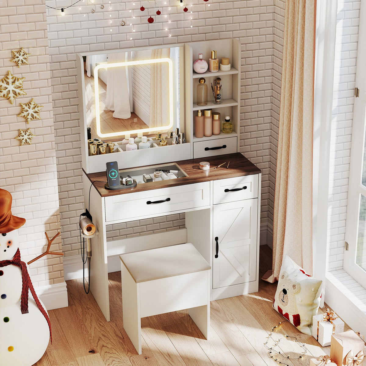 Vanity Desk with Mirror and Lights Farmhouse Makeup Dressing Table-White-Makeup Vanities-DECOROLALA