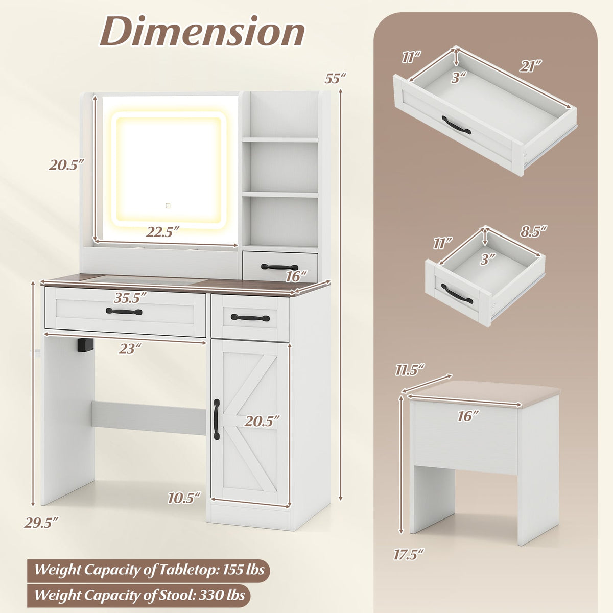 Vanity Desk with Mirror and Lights Farmhouse Makeup Dressing Table-White-Makeup Vanities-DECOROLALA