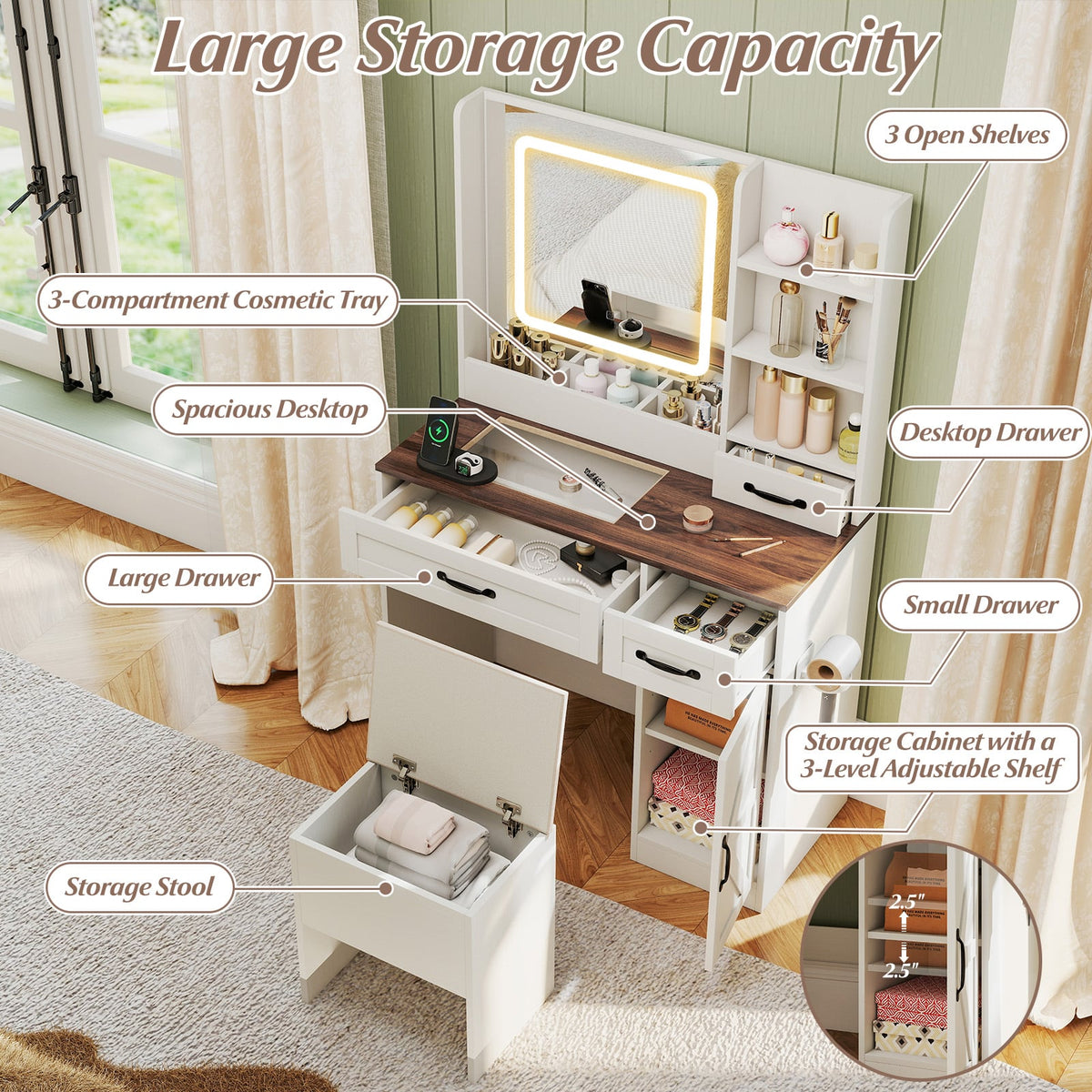 Vanity Desk with Mirror and Lights Farmhouse Makeup Dressing Table-White-Makeup Vanities-DECOROLALA