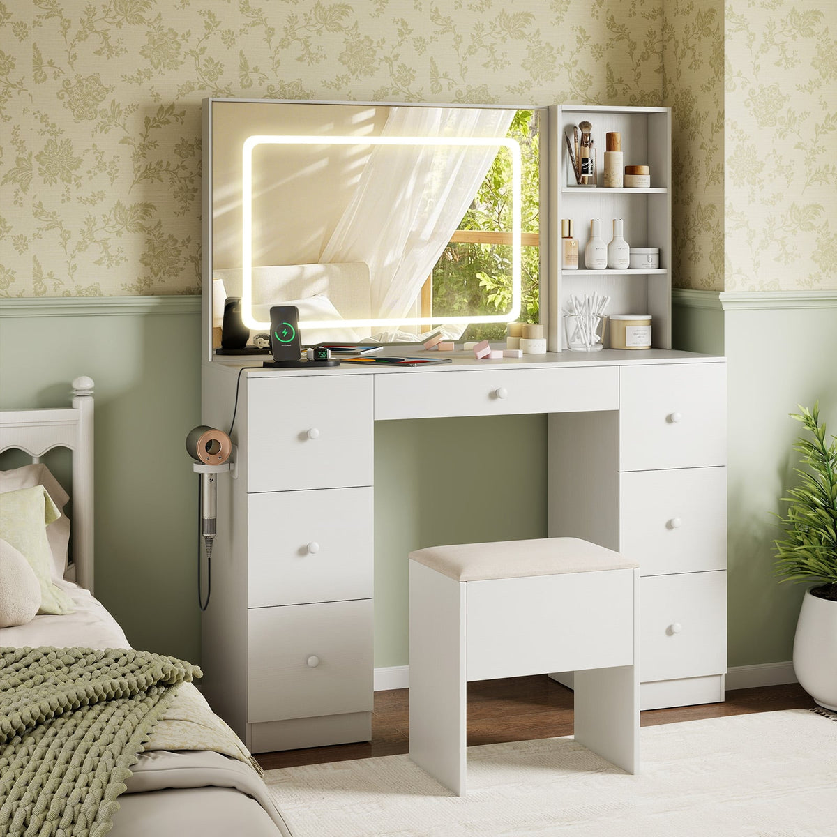 Vanity Desk with Mirror and Lights Makeup Dressing Table Vanity Table and Stool Set-White-Makeup Vanities-DECOROLALA