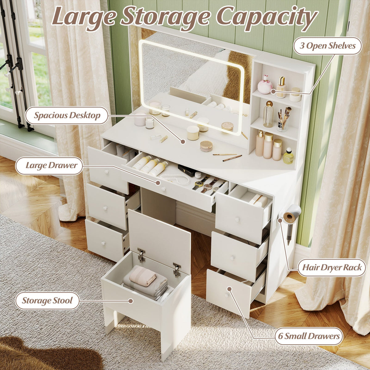 Vanity Desk with Mirror and Lights Makeup Dressing Table Vanity Table and Stool Set-White-Makeup Vanities-DECOROLALA