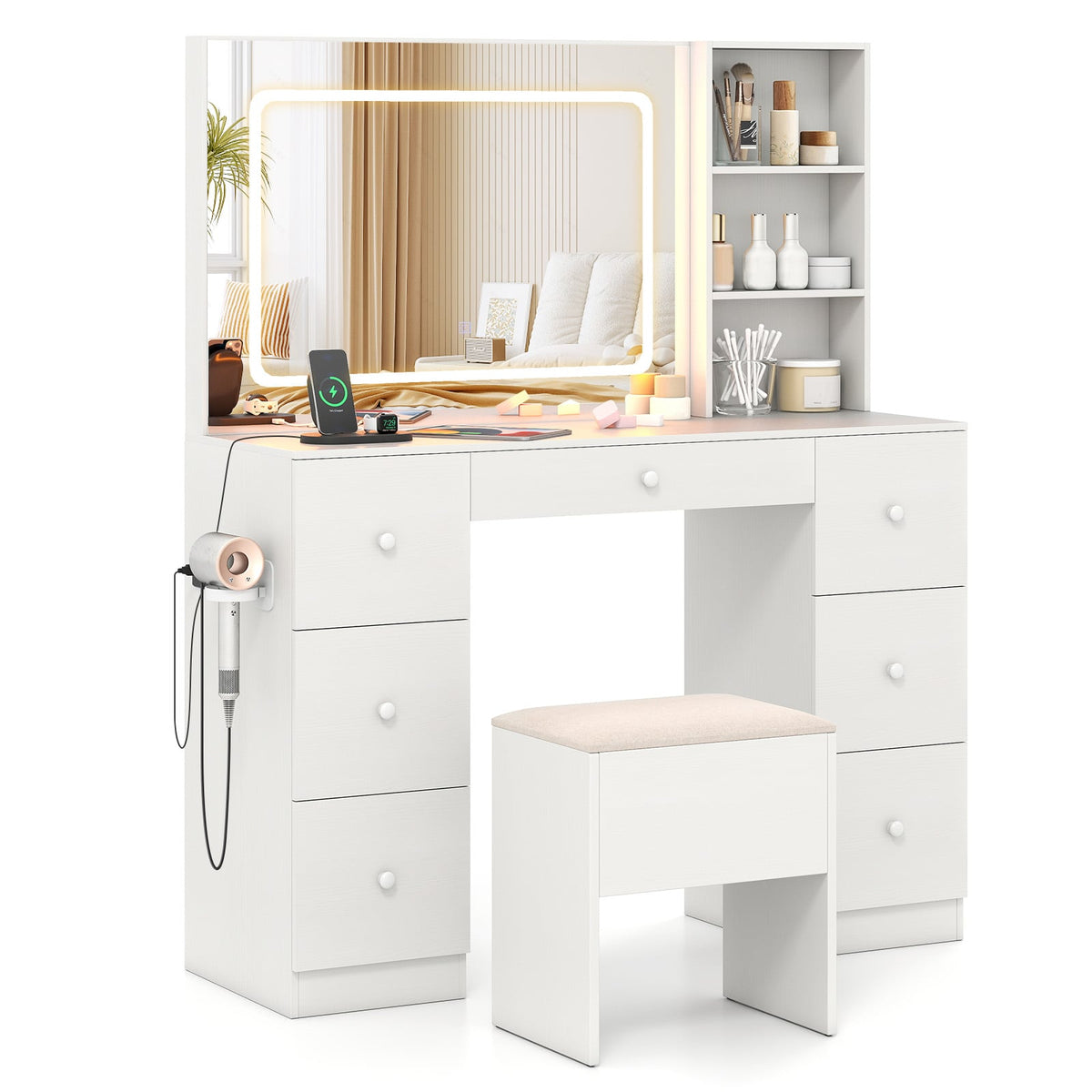 Vanity Desk with Mirror and Lights Makeup Dressing Table Vanity Table and Stool Set-White-Makeup Vanities-DECOROLALA