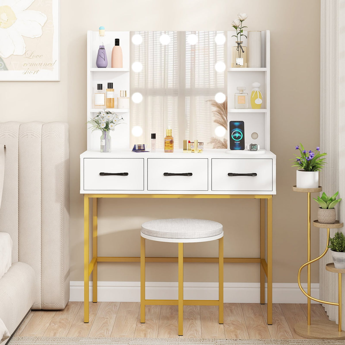 Vanity Desk with Mirror and Lights Makeup Dressing Table and Cushioned Stool Set-White-Makeup Vanities-DECOROLALA