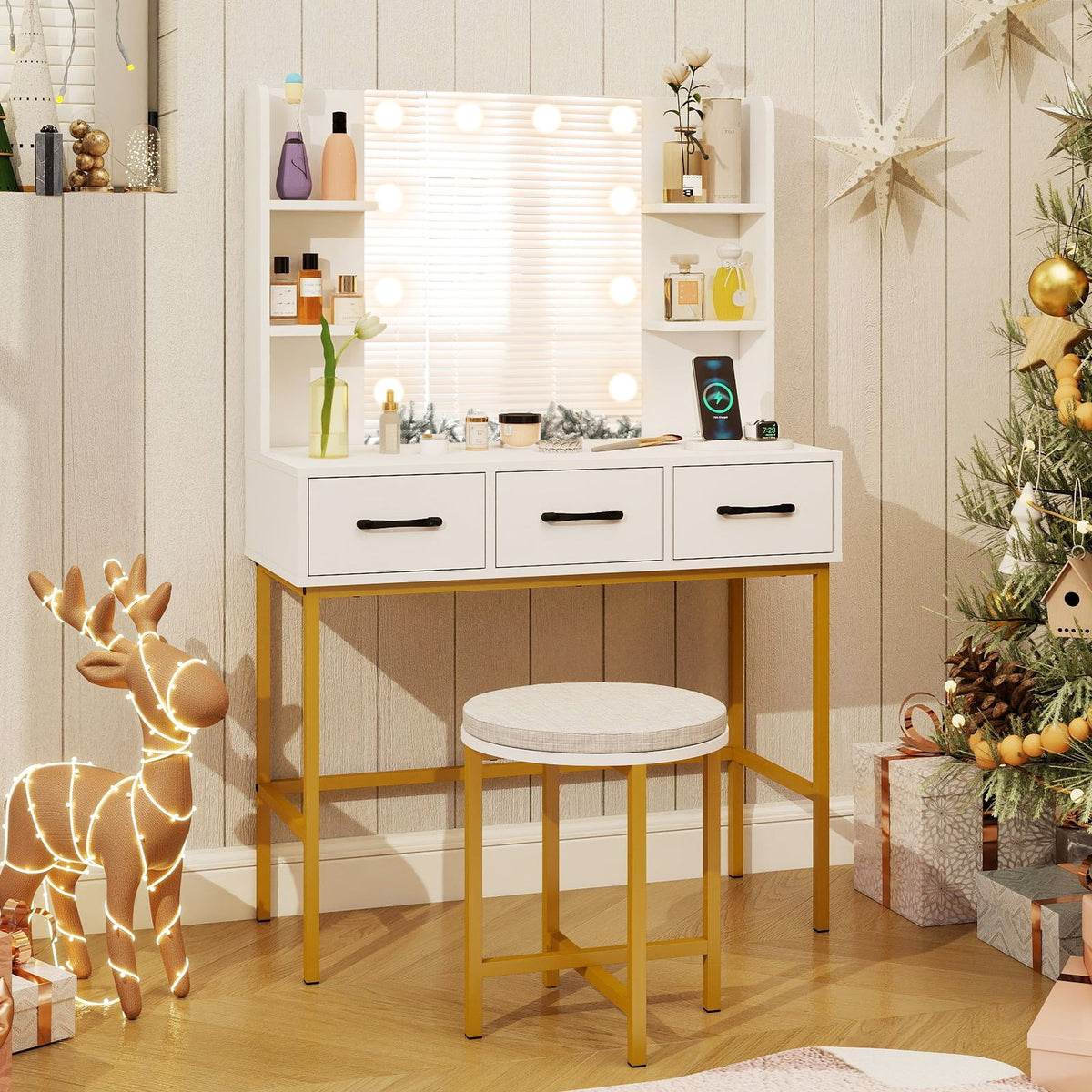 Vanity Desk with Mirror and Lights Makeup Dressing Table and Cushioned Stool Set-White-Makeup Vanities-DECOROLALA