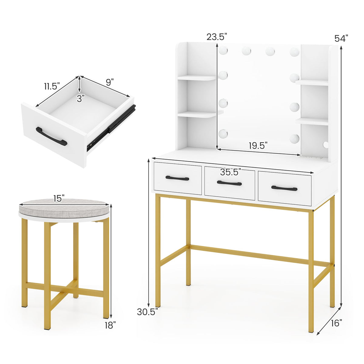 Vanity Desk with Mirror and Lights Makeup Dressing Table and Cushioned Stool Set-White-Makeup Vanities-DECOROLALA