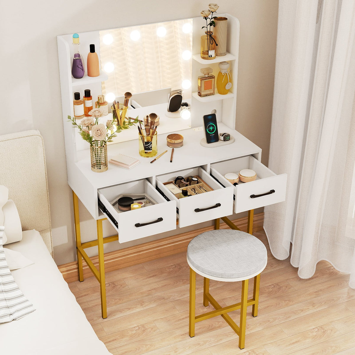 Vanity Desk with Mirror and Lights Makeup Dressing Table and Cushioned Stool Set-White-Makeup Vanities-DECOROLALA