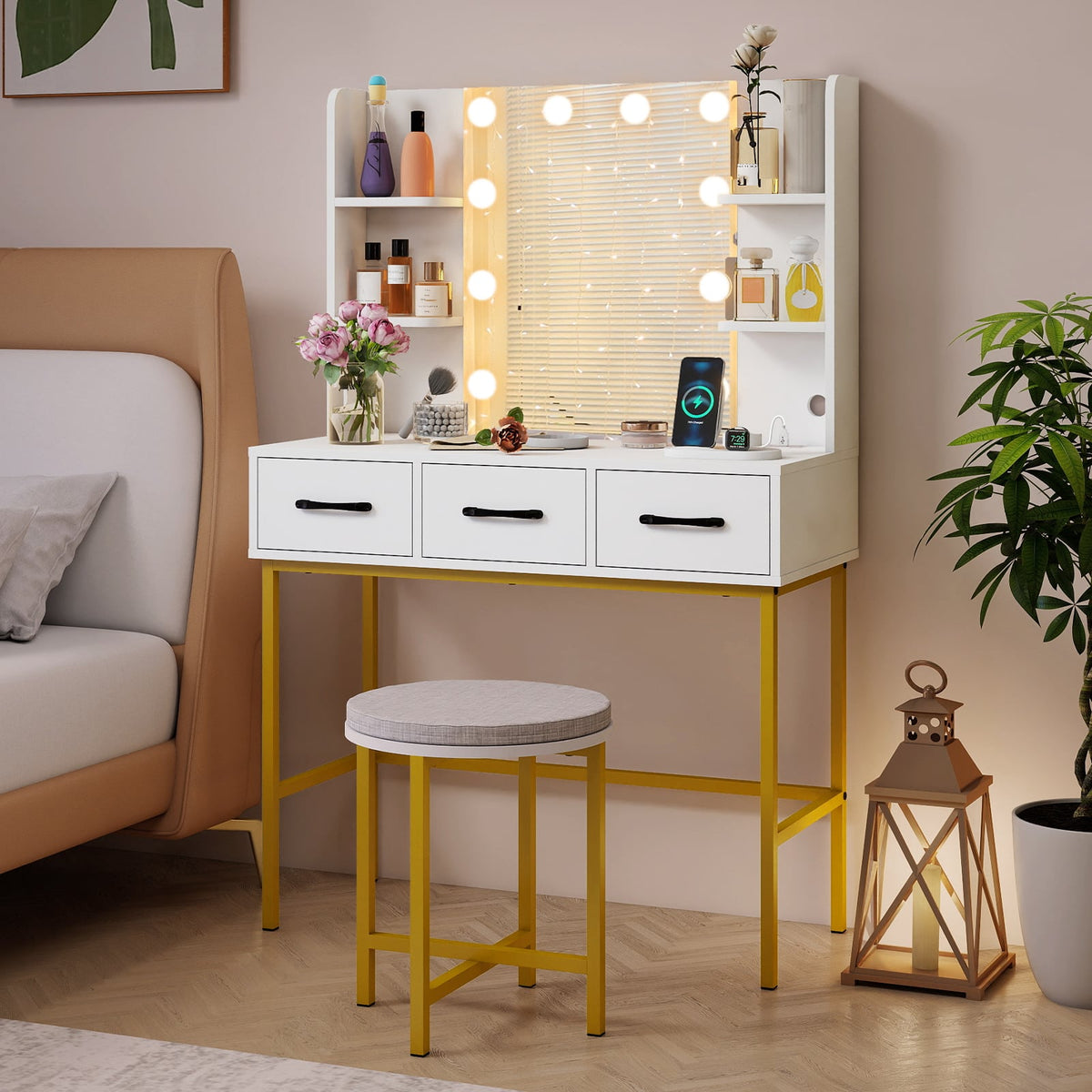 Vanity Desk with Mirror and Lights Makeup Dressing Table and Cushioned Stool Set-White-Makeup Vanities-DECOROLALA