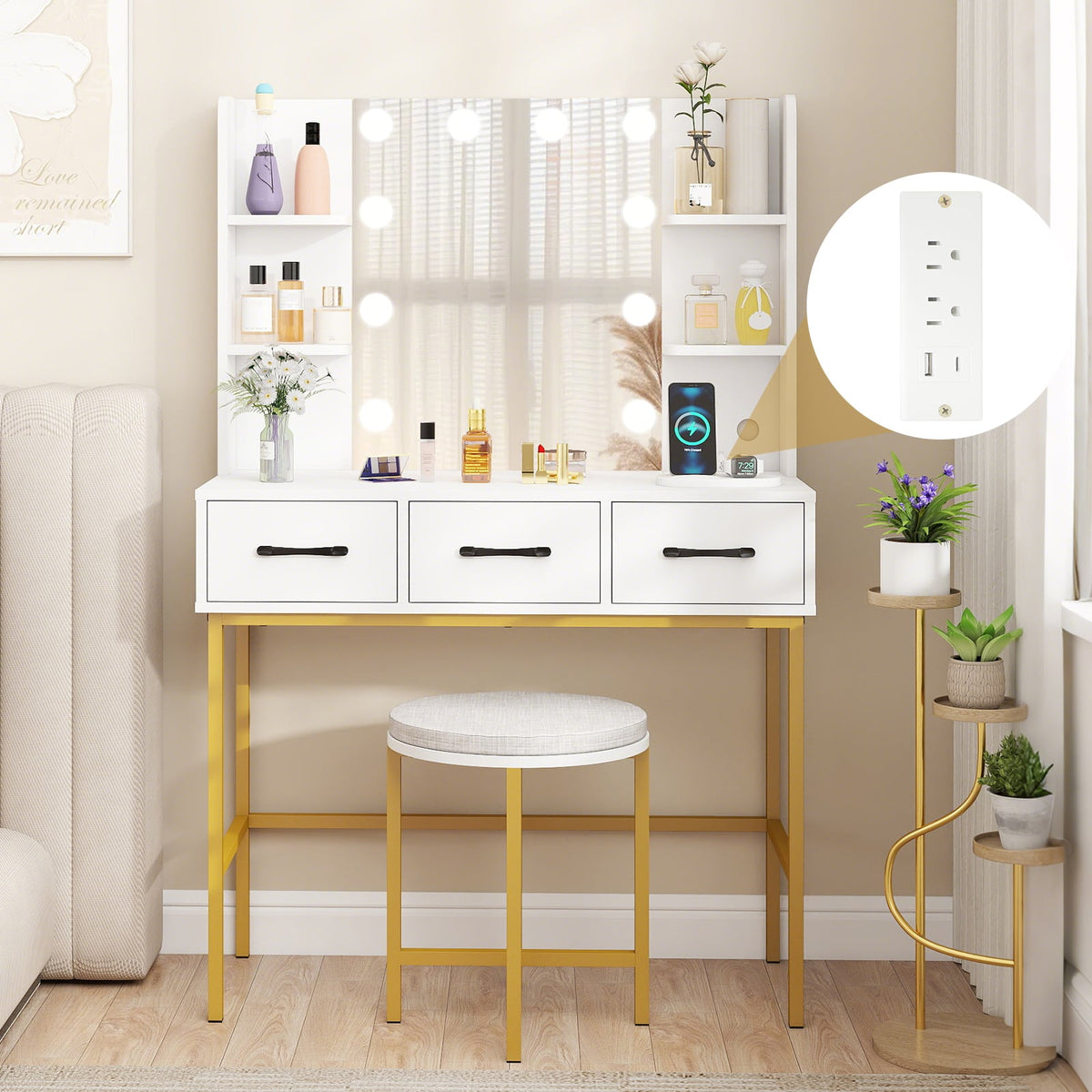 Vanity Desk with Mirror and Lights Makeup Dressing Table and Cushioned Stool Set-White-Makeup Vanities-DECOROLALA